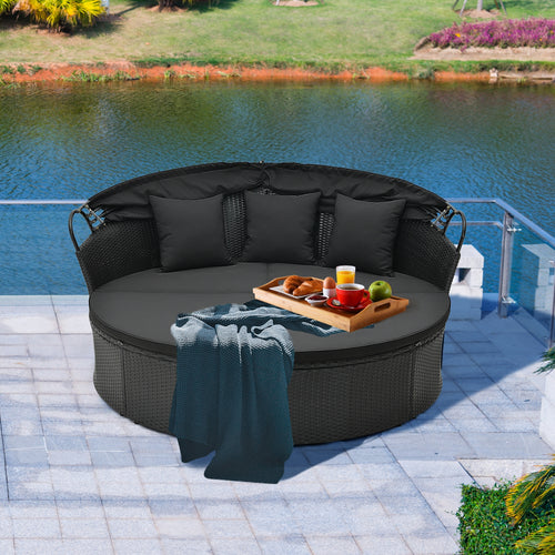 Clamshell Patio Round Daybed Wicker with Retractable Canopy and Pillows, Black