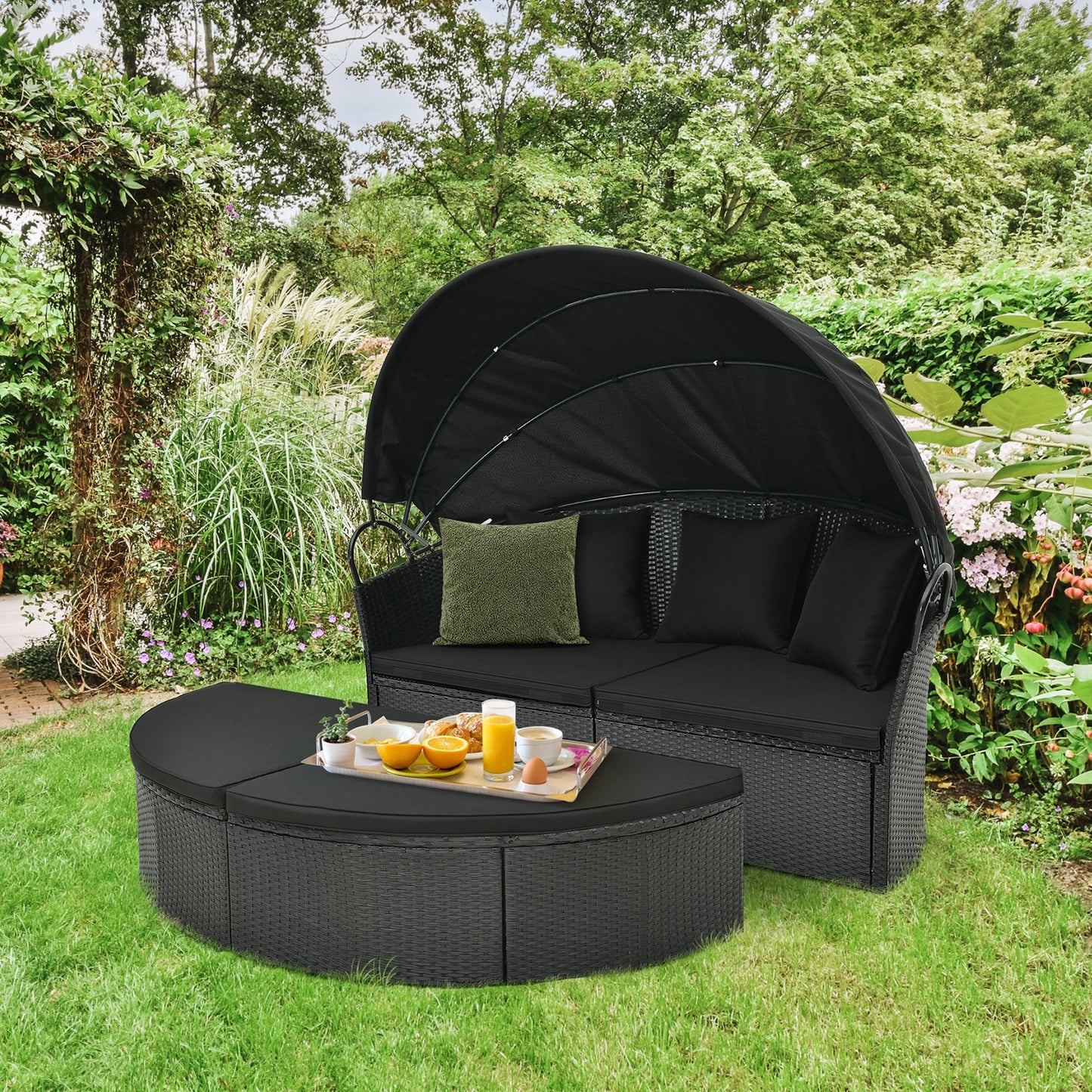 Clamshell Patio Round Daybed Wicker with Retractable Canopy and Pillows, Black Outdoor Sectionals   at Gallery Canada