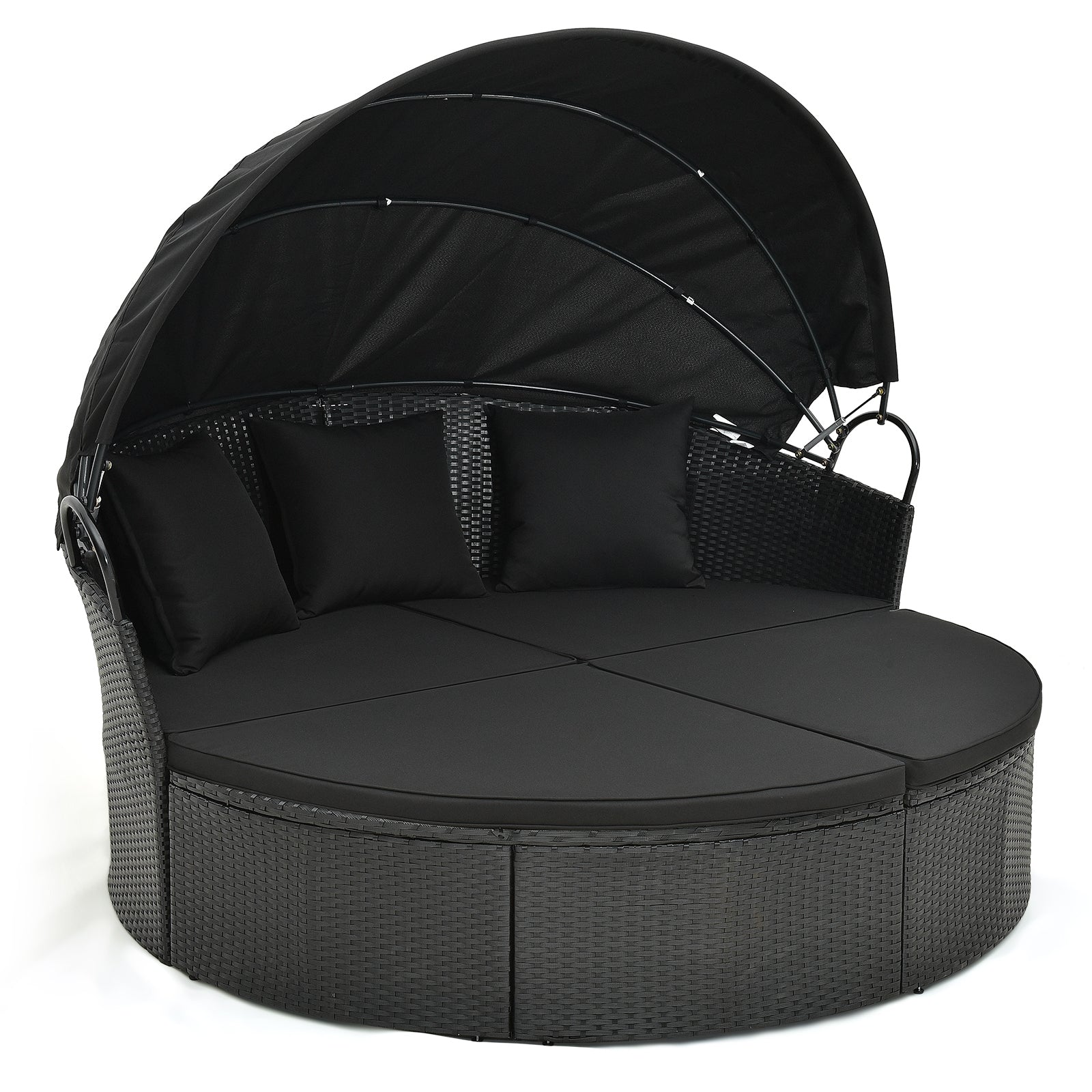 Clamshell Patio Round Daybed Wicker with Retractable Canopy and Pillows, Black Outdoor Sectionals Black  at Gallery Canada