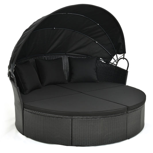 Clamshell Patio Round Daybed Wicker with Retractable Canopy and Pillows, Black - Gallery Canada
