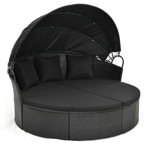 Clamshell Patio Round Daybed Wicker with Retractable Canopy and Pillows, Black