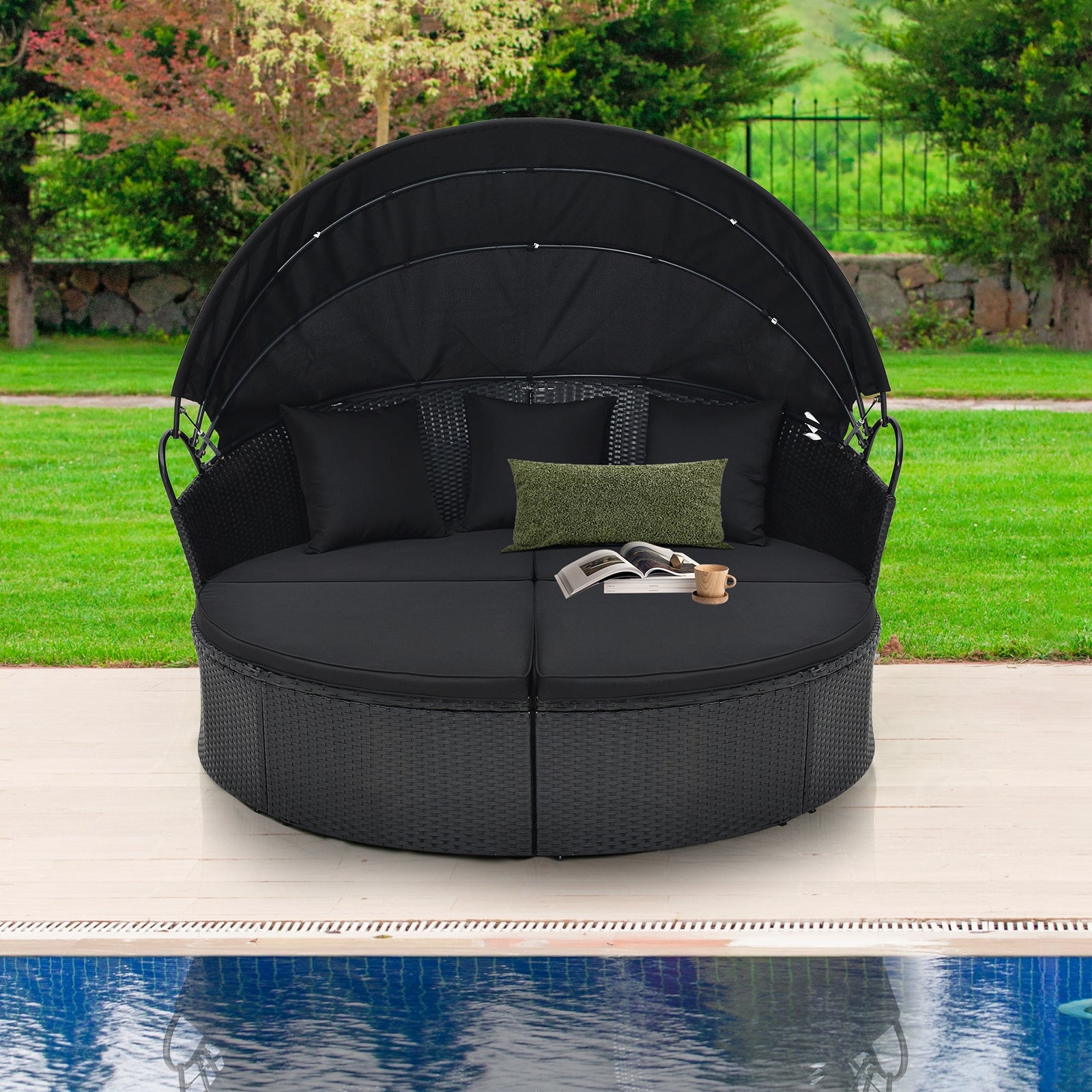 Clamshell Patio Round Daybed Wicker with Retractable Canopy and Pillows, Black Outdoor Sectionals   at Gallery Canada