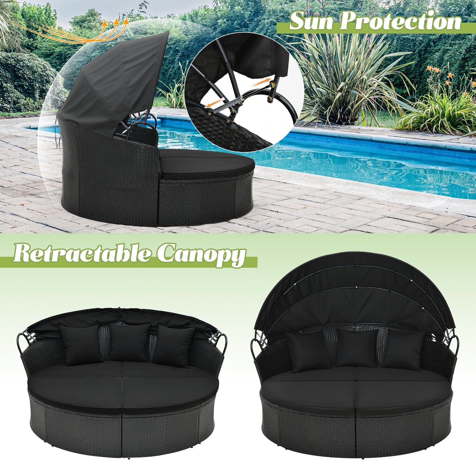 Clamshell Patio Round Daybed Wicker with Retractable Canopy and Pillows, Black Outdoor Sectionals   at Gallery Canada