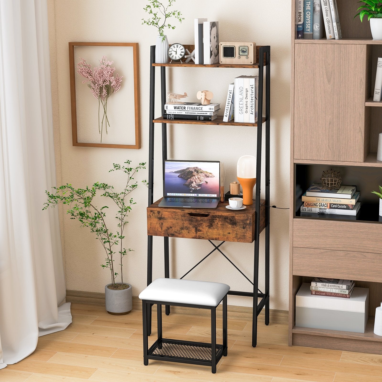 Ladder Vanity Desk Set with Flip Top Mirror and Cushioned Stool, Black Makeup Vanities   at Gallery Canada