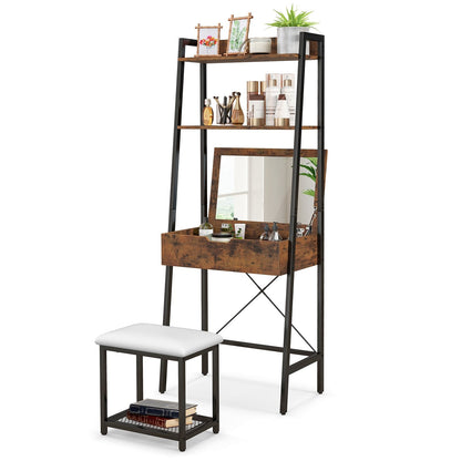 Ladder Vanity Desk Set with Flip Top Mirror and Cushioned Stool, Black Makeup Vanities   at Gallery Canada