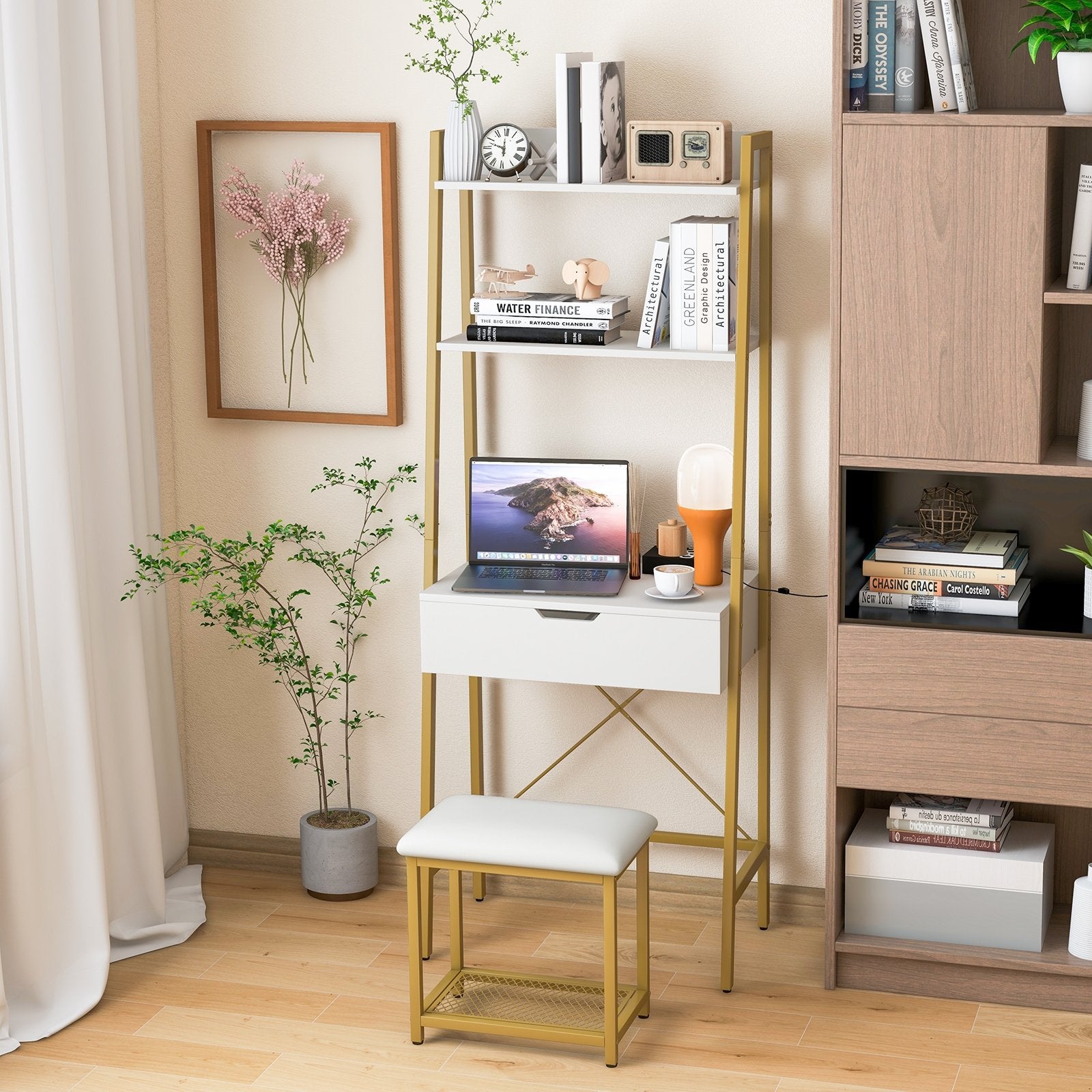 Ladder Vanity Desk Set with Flip Top Mirror and Cushioned Stool, Golden Makeup Vanities   at Gallery Canada