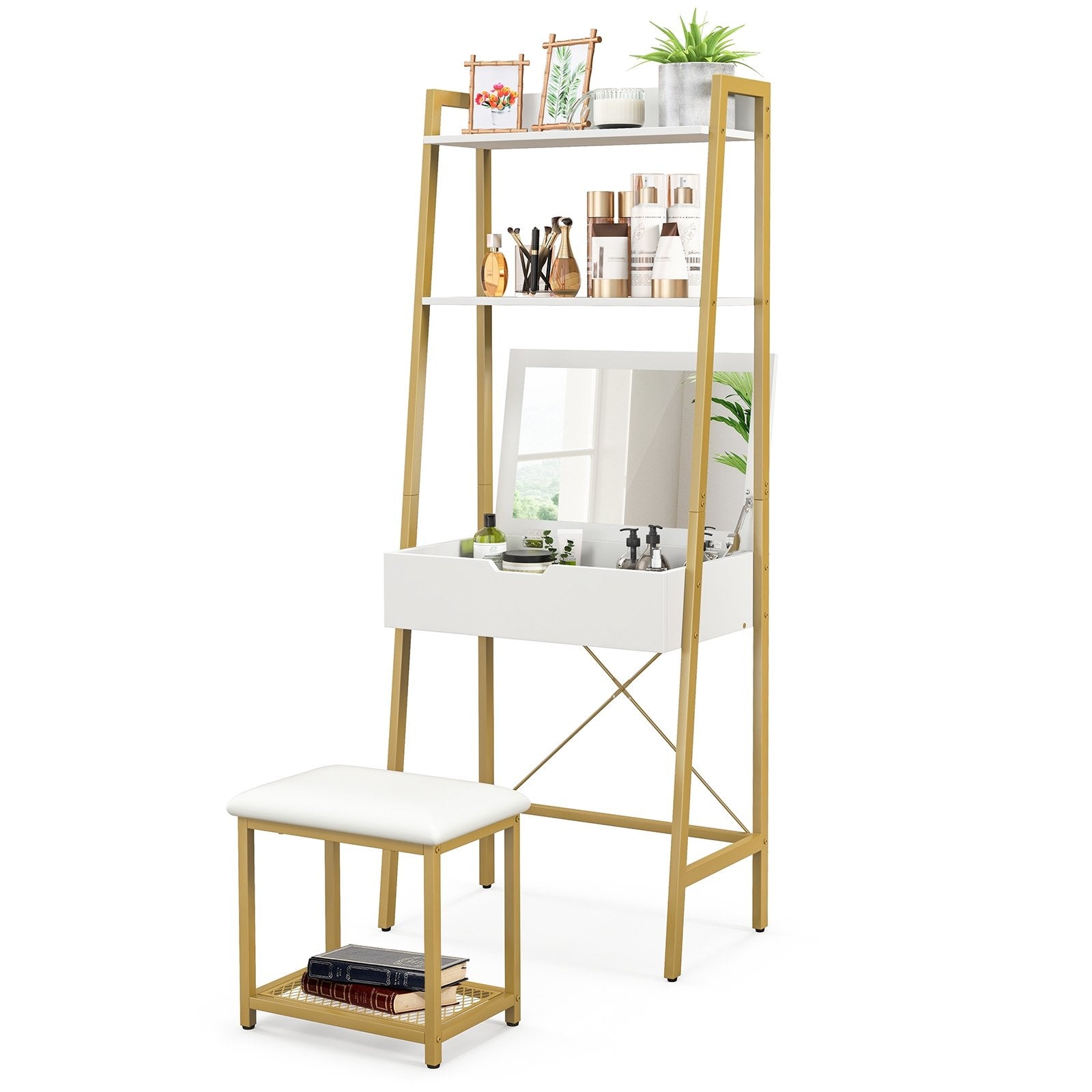 Ladder Vanity Desk Set with Flip Top Mirror and Cushioned Stool, Golden Makeup Vanities   at Gallery Canada