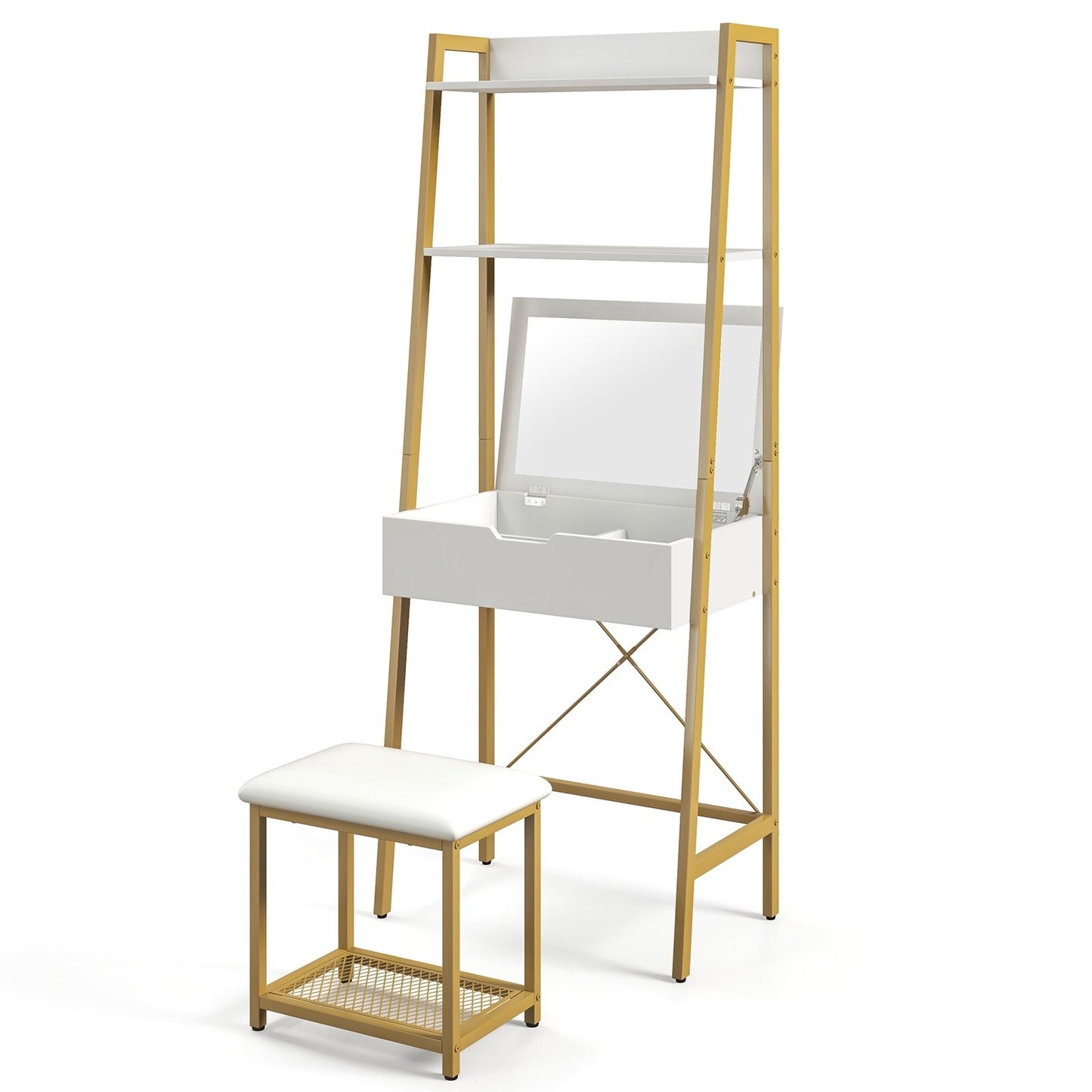 Ladder Vanity Desk Set with Flip Top Mirror and Cushioned Stool, Golden Makeup Vanities   at Gallery Canada