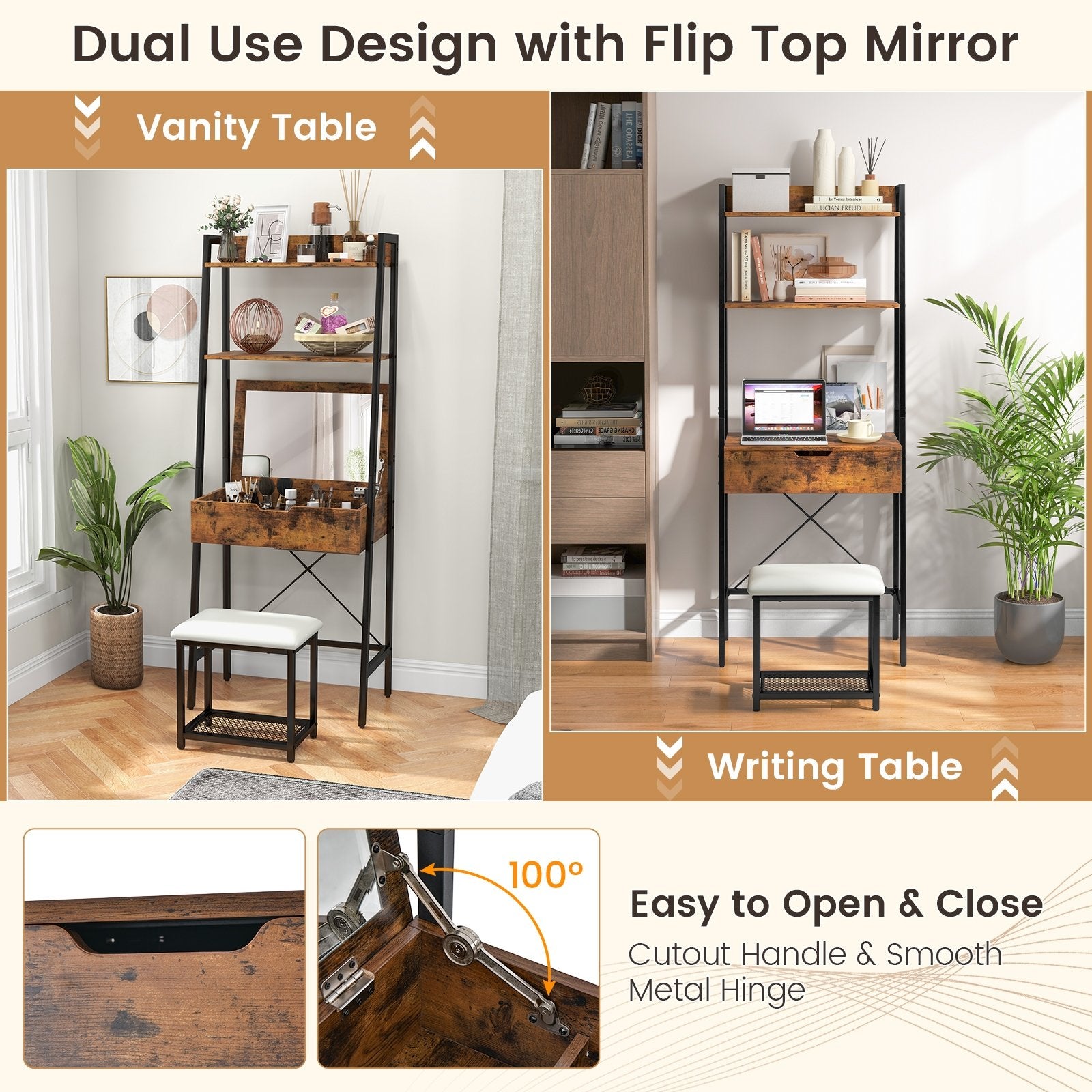 Ladder Vanity Desk Set with Flip Top Mirror and Cushioned Stool, Black Makeup Vanities   at Gallery Canada