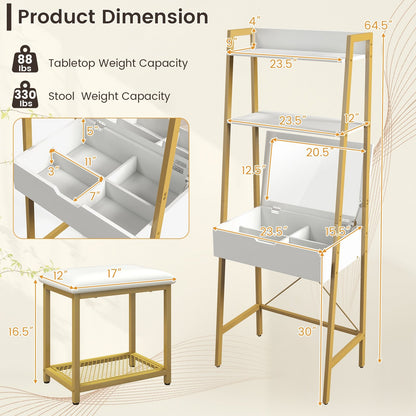 Ladder Vanity Desk Set with Flip Top Mirror and Cushioned Stool, Golden Makeup Vanities   at Gallery Canada