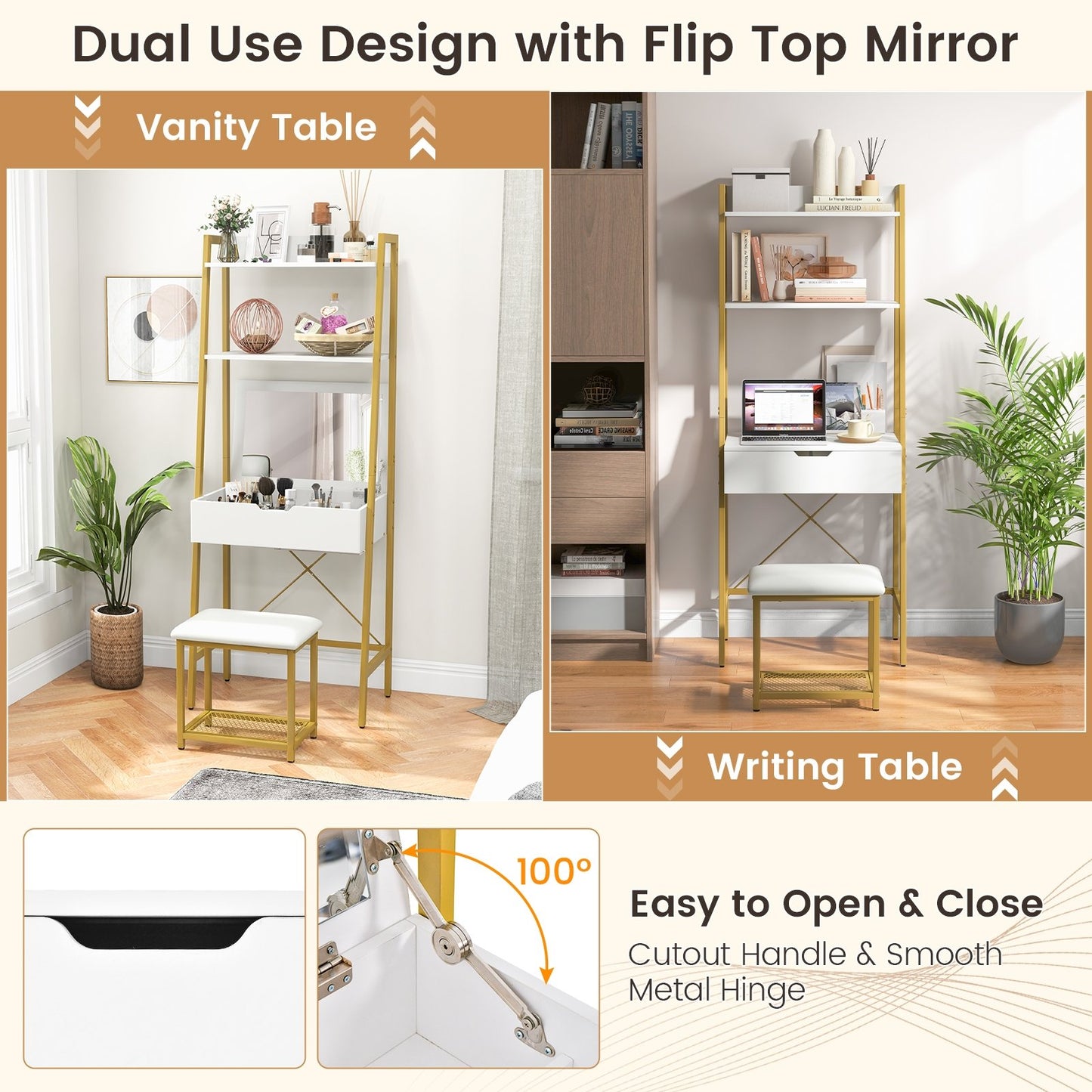 Ladder Vanity Desk Set with Flip Top Mirror and Cushioned Stool, Golden Makeup Vanities   at Gallery Canada