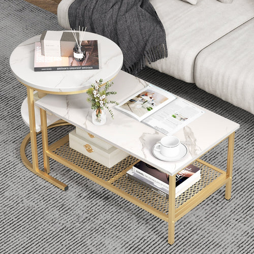 Set of 2 Nesting Coffee Table with Extra Storage Shelf for Living Room, Golden