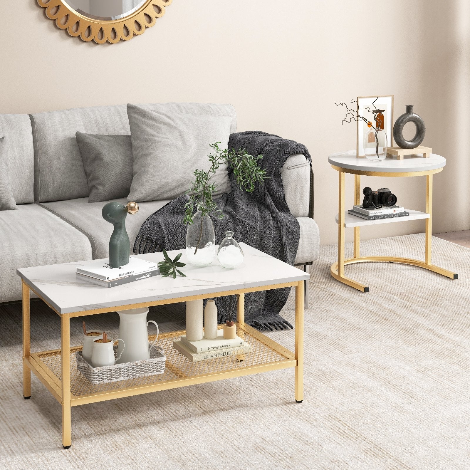 Set of 2 Nesting Coffee Table with Extra Storage Shelf for Living Room, Golden Coffee Tables   at Gallery Canada