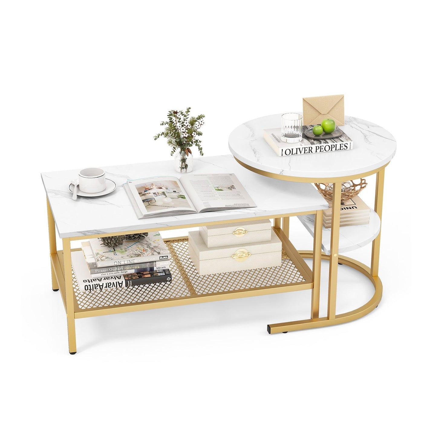 Set of 2 Nesting Coffee Table with Extra Storage Shelf for Living Room, Golden Coffee Tables   at Gallery Canada