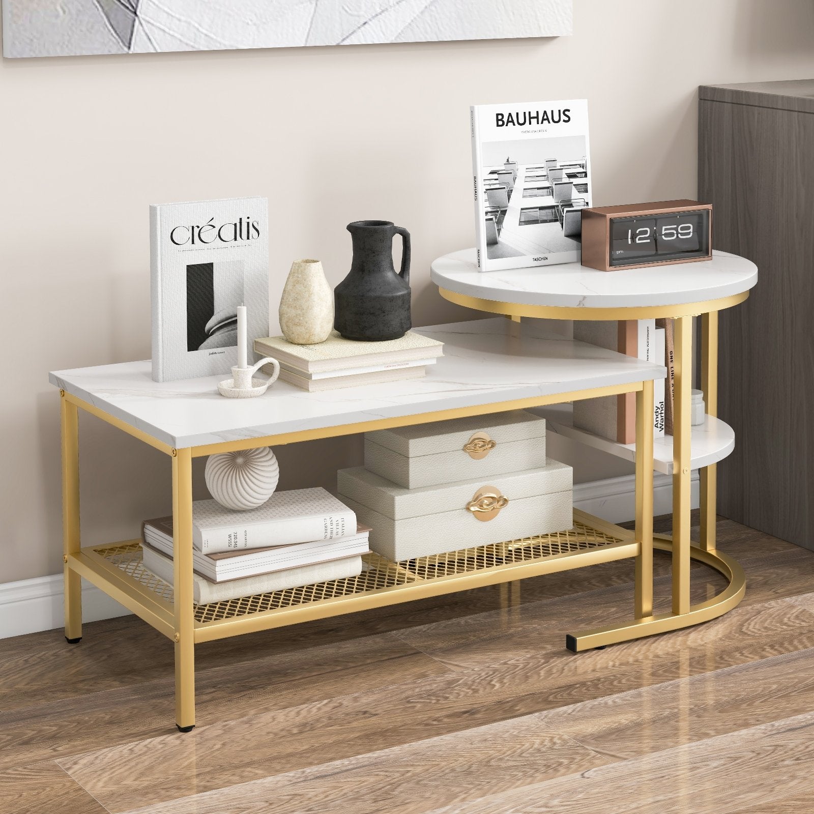 Set of 2 Nesting Coffee Table with Extra Storage Shelf for Living Room, Golden Coffee Tables   at Gallery Canada