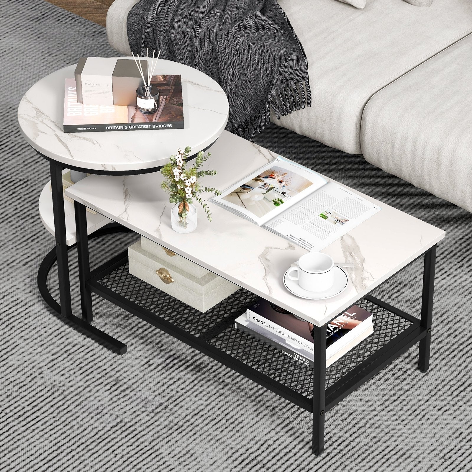 Set of 2 Nesting Coffee Table with Extra Storage Shelf for Living Room, Black Coffee Tables   at Gallery Canada