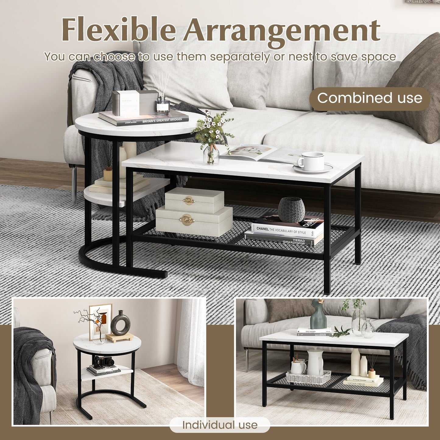 Set of 2 Nesting Coffee Table with Extra Storage Shelf for Living Room, Black Coffee Tables   at Gallery Canada