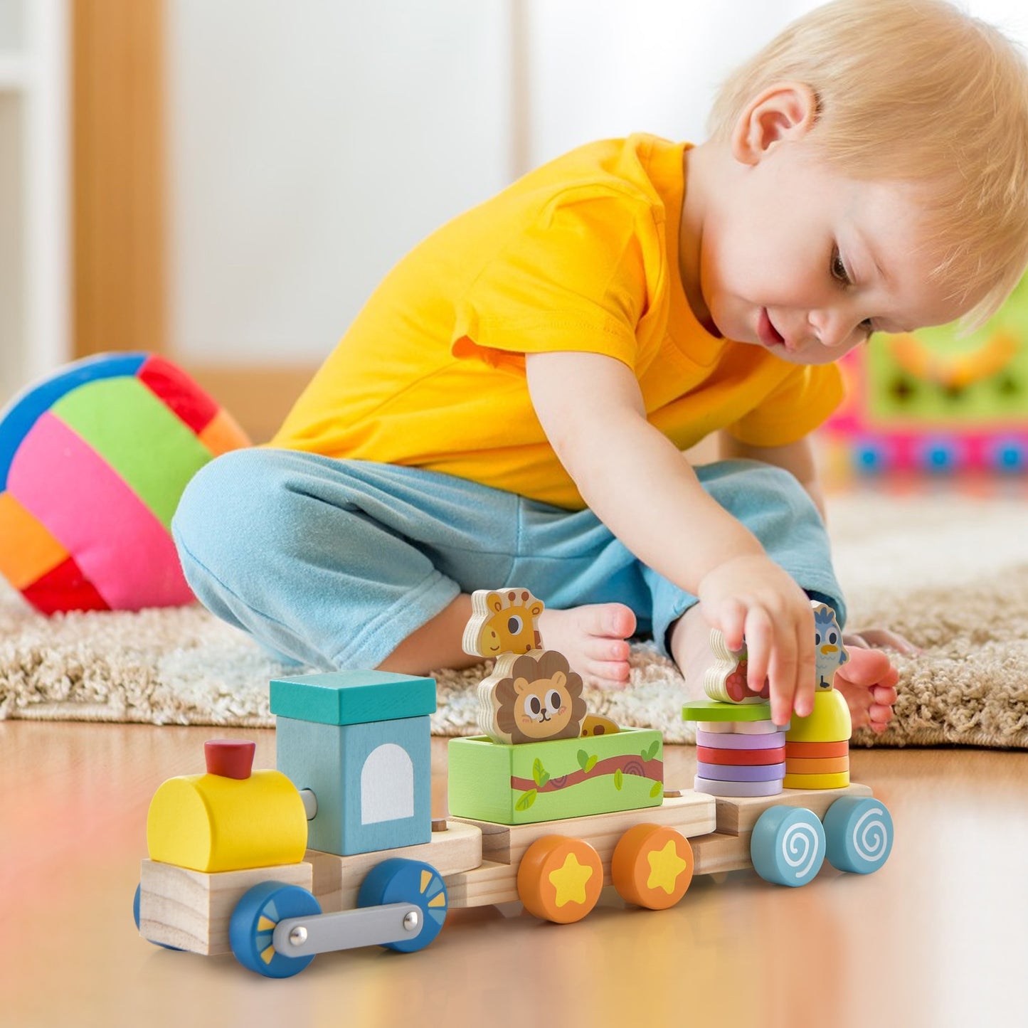 Wooden Stackable Educational Train Set with Colorful Animal Toys and Retractable Locomotive, Multicolor Learning Toys   at Gallery Canada