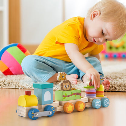 Wooden Stackable Educational Train Set with Colorful Animal Toys and Retractable Locomotive, Multicolor Learning Toys   at Gallery Canada