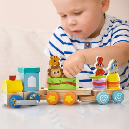 Wooden Stackable Educational Train Set with Colorful Animal Toys and Retractable Locomotive, Multicolor Learning Toys   at Gallery Canada