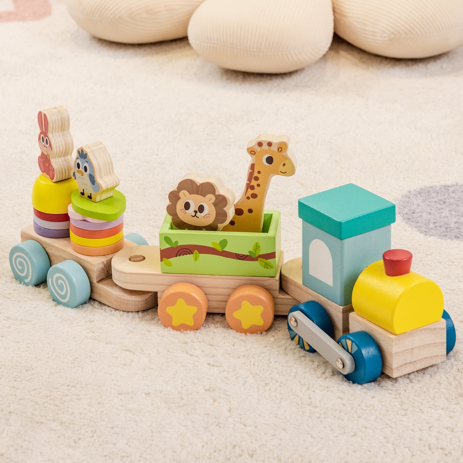 Wooden Stackable Educational Train Set with Colorful Animal Toys and Retractable Locomotive, Multicolor Learning Toys   at Gallery Canada