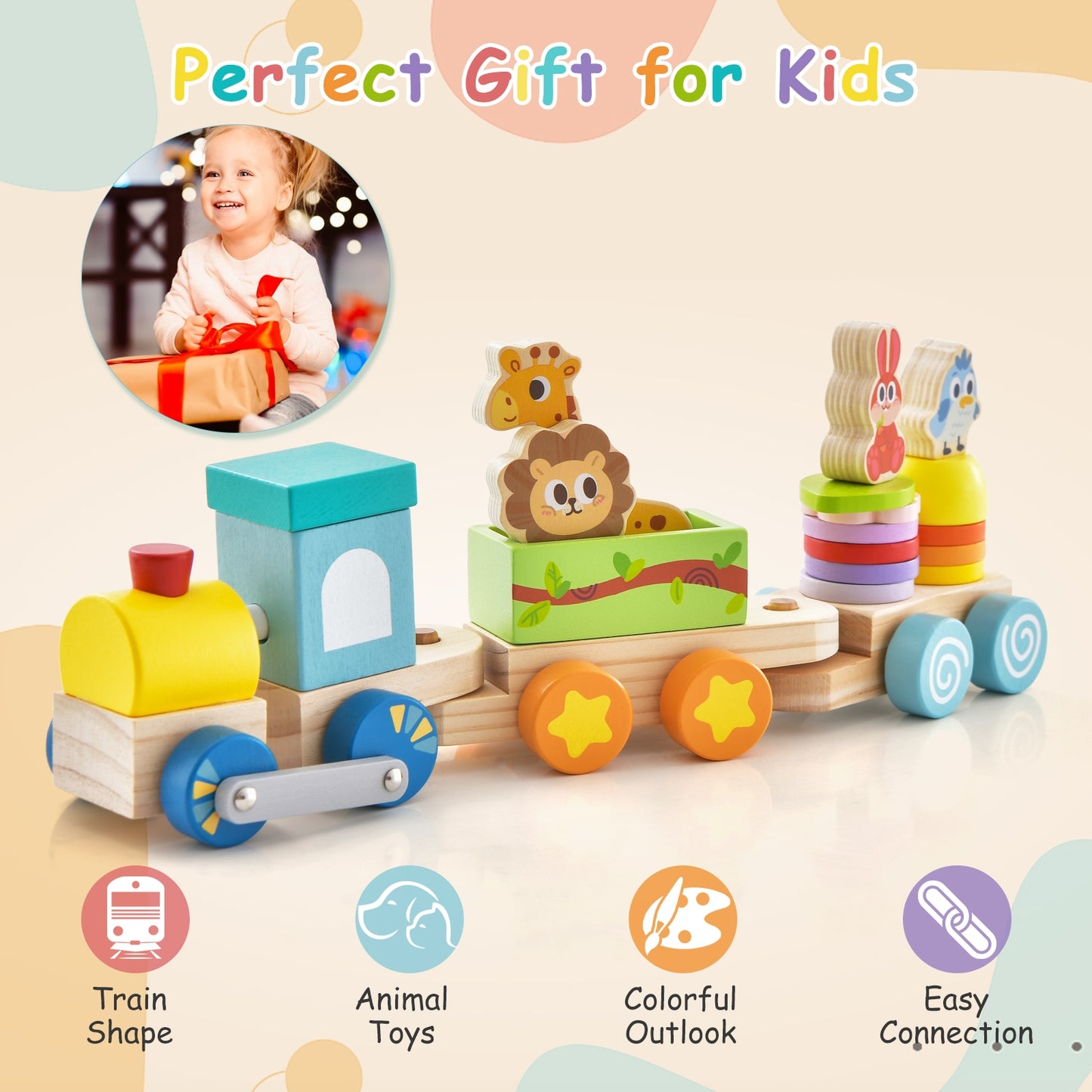 Wooden Stackable Educational Train Set with Colorful Animal Toys and Retractable Locomotive, Multicolor Learning Toys   at Gallery Canada