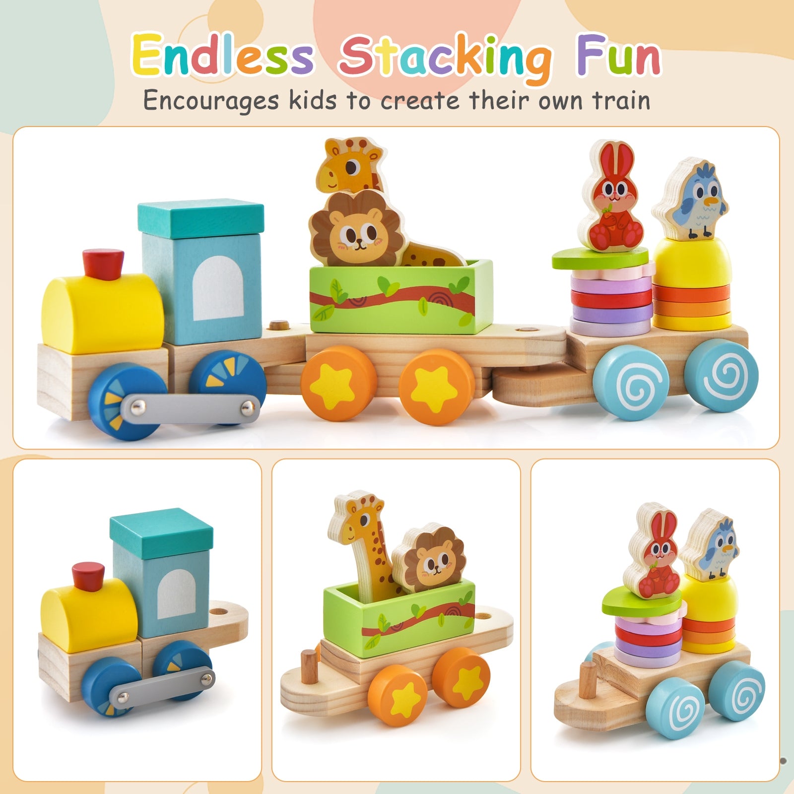 Wooden Stackable Educational Train Set with Colorful Animal Toys and Retractable Locomotive, Multicolor Learning Toys   at Gallery Canada