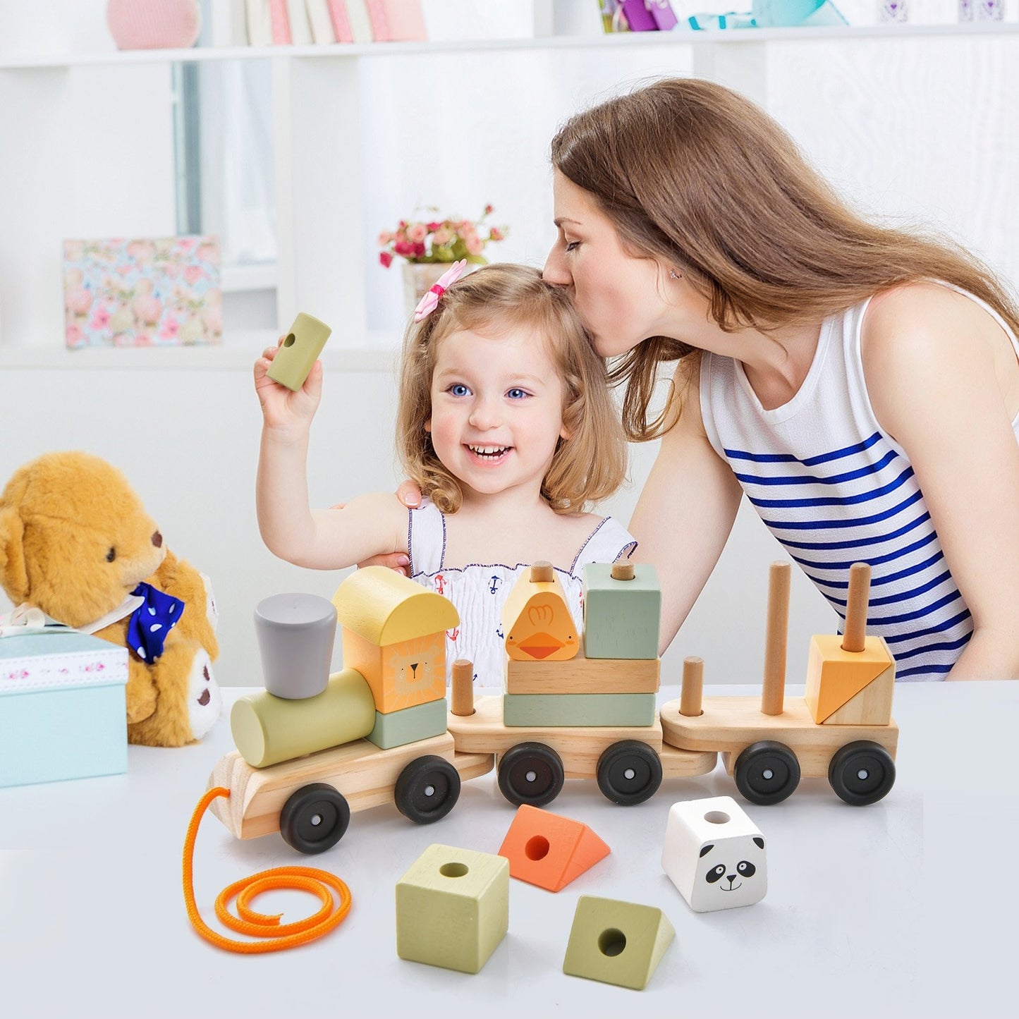 3-Section Toy Wooden Train Set with Stackable Building Blocks, Multicolor Learning Toys   at Gallery Canada