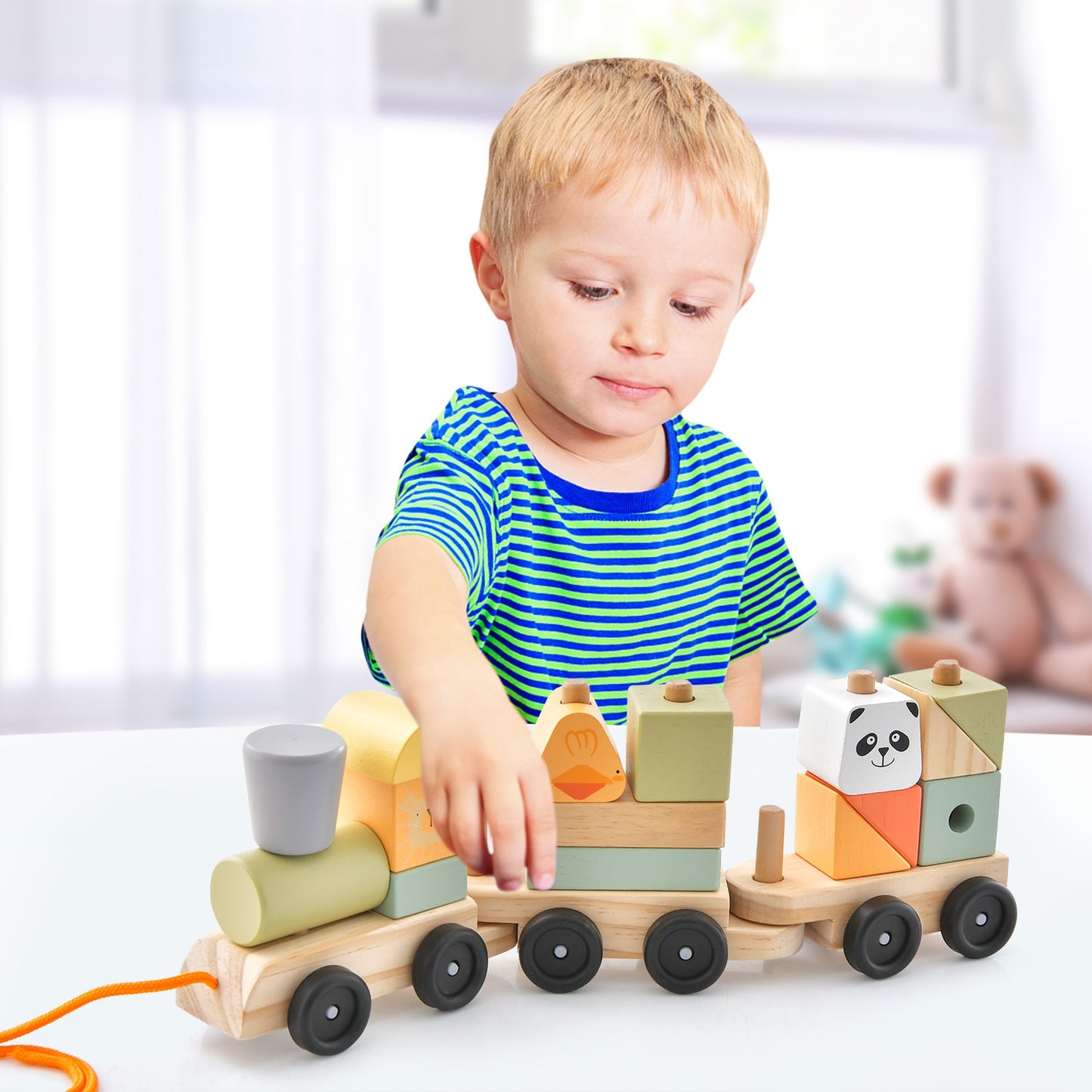 3-Section Toy Wooden Train Set with Stackable Building Blocks, Multicolor Learning Toys   at Gallery Canada