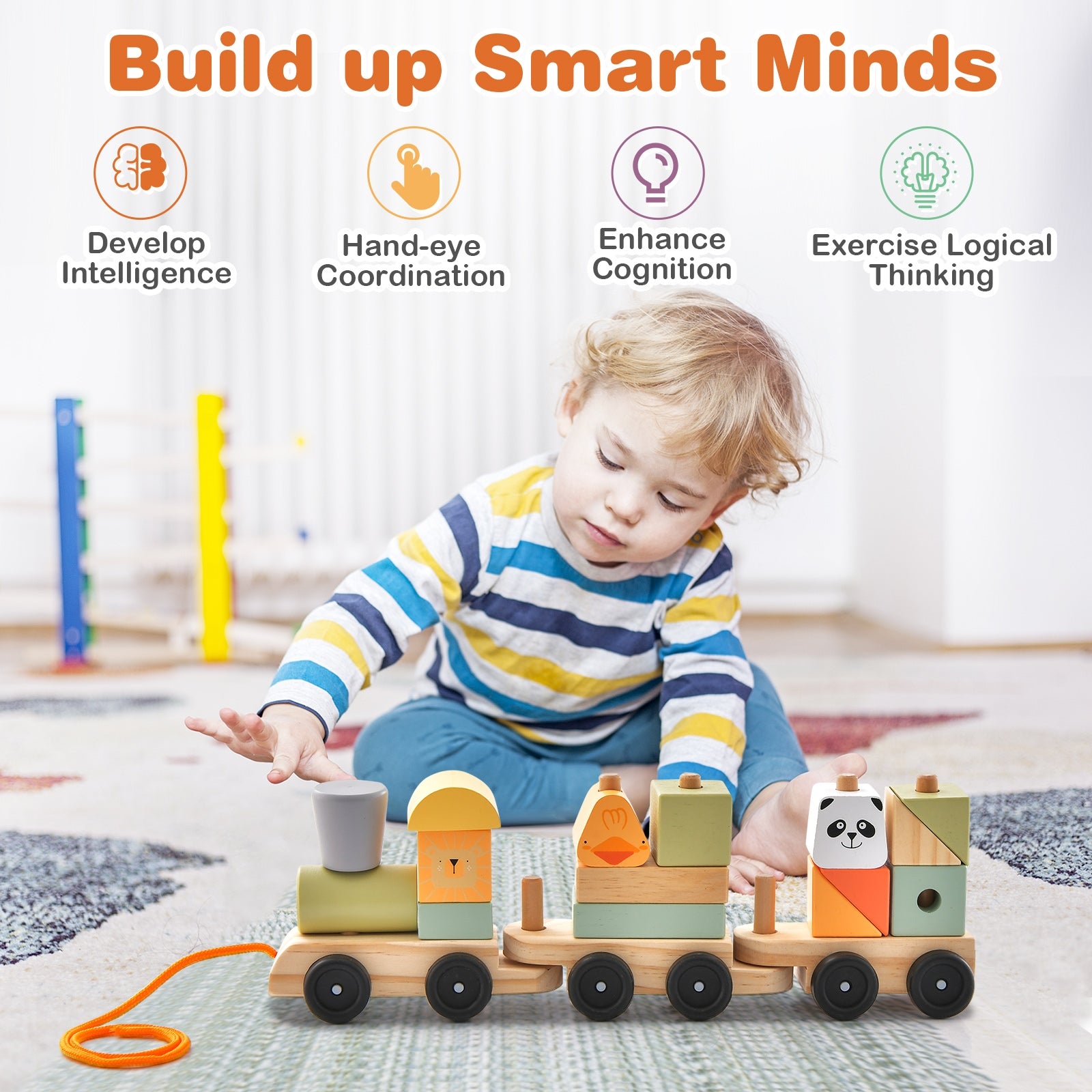 3-Section Toy Wooden Train Set with Stackable Building Blocks, Multicolor Learning Toys   at Gallery Canada