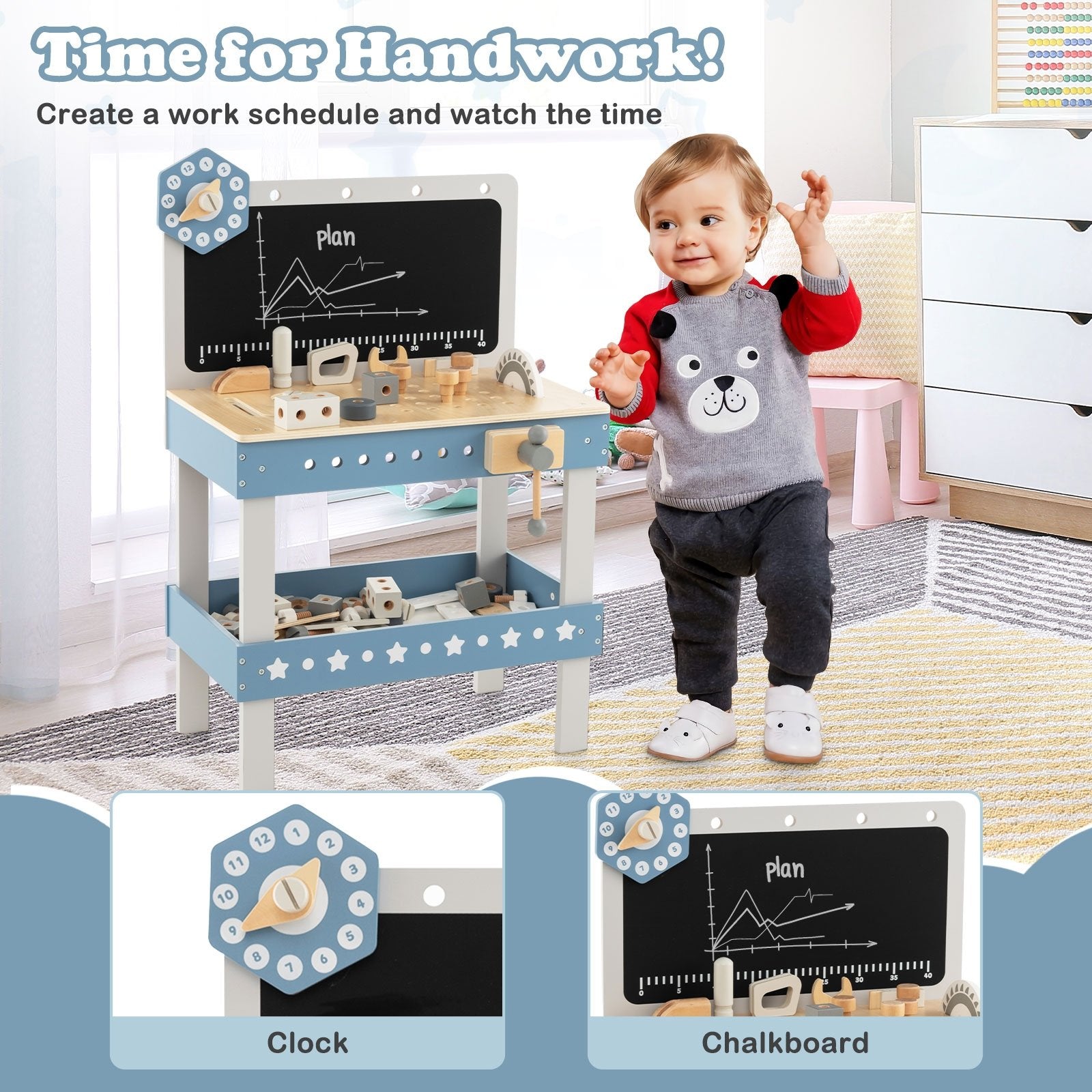 Kids Play Tool Workbench Set with 61 Pcs Tool and Parts Set, Blue Pretend Toys   at Gallery Canada