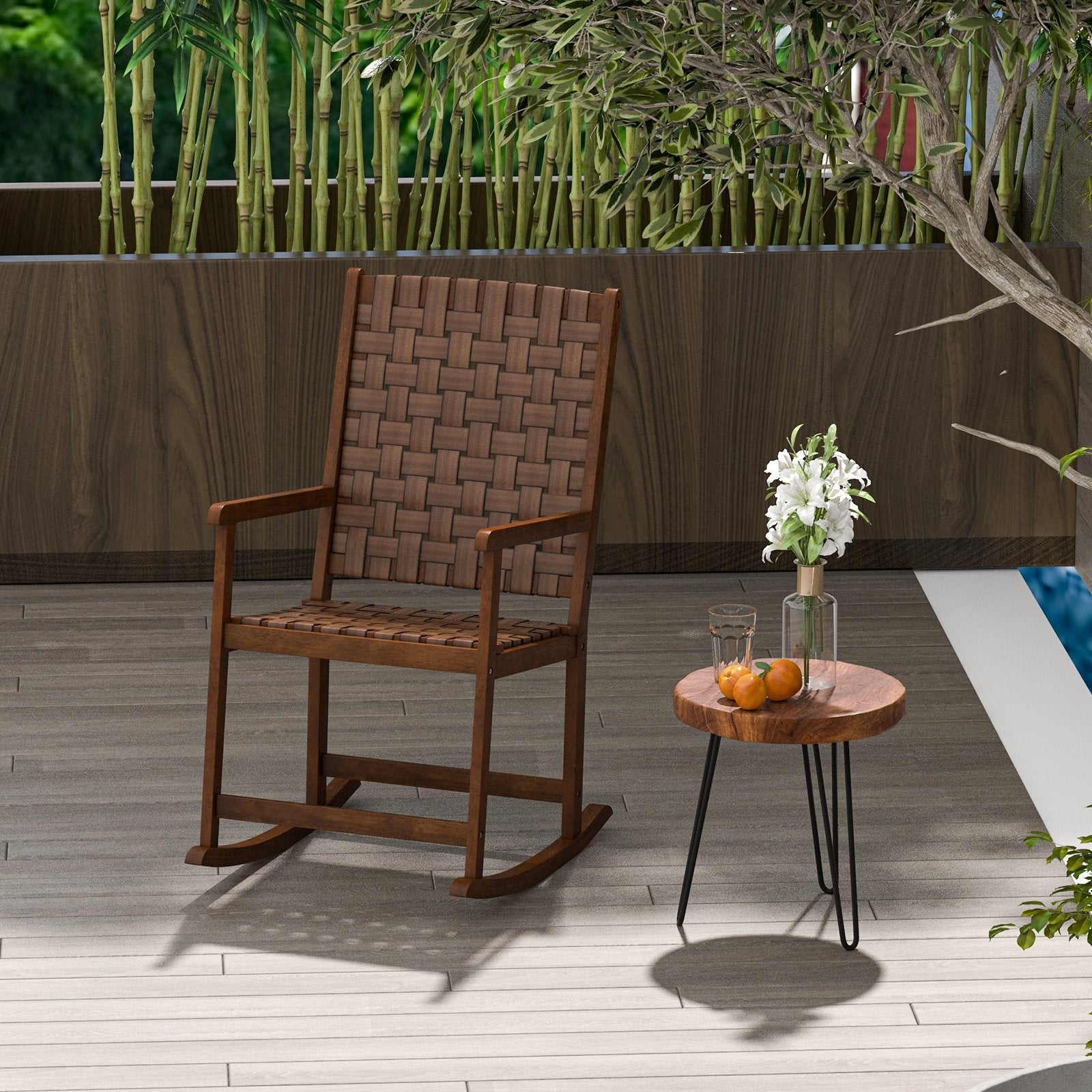 Patio Wood Rocking Chair with PU Seat and Rubber Wood Frame, Brown Patio Rocking Chairs & Gliders   at Gallery Canada