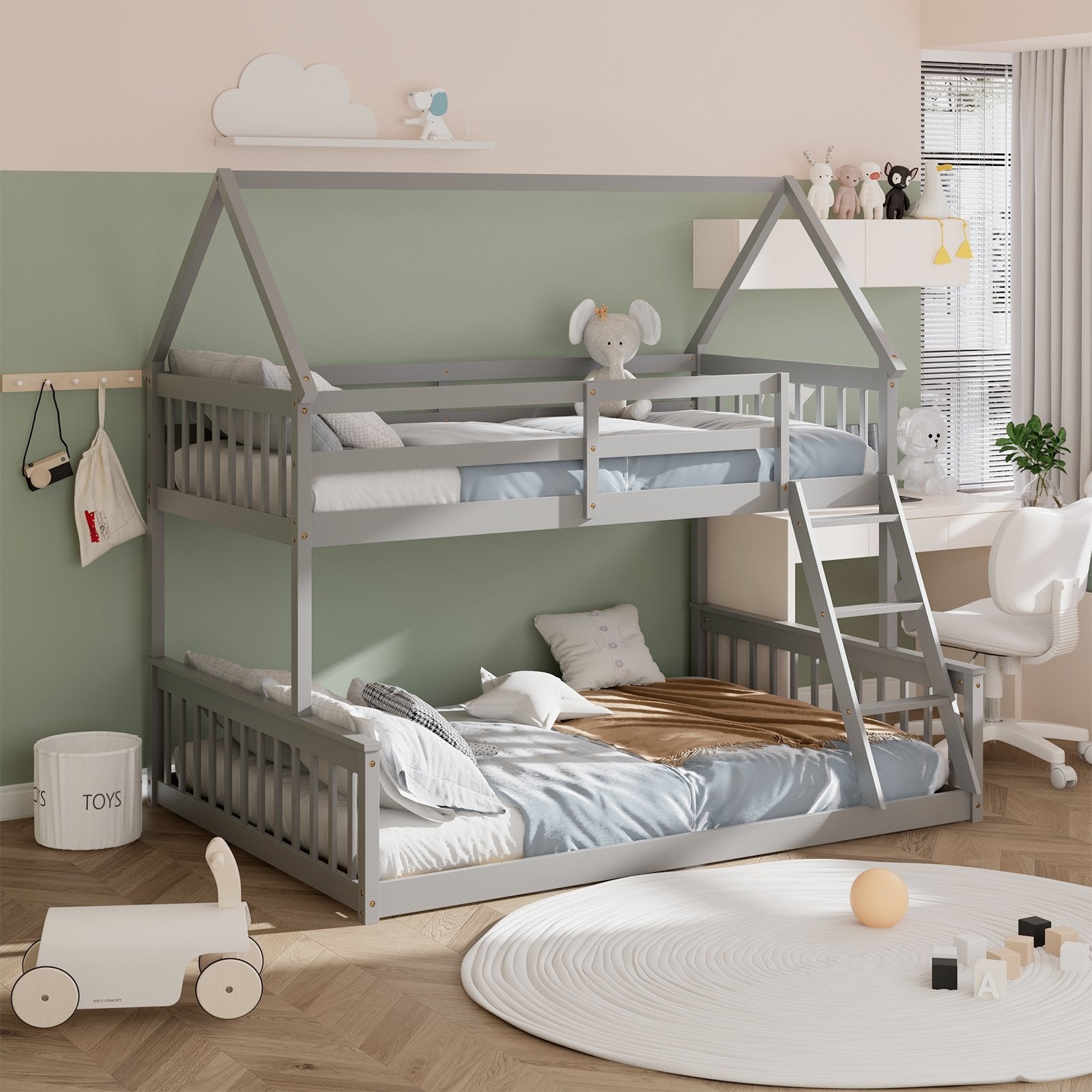 Twin Over Full House Bunk Bed with Ladder and Guardrails, Gray Bunk Bed Frame   at Gallery Canada