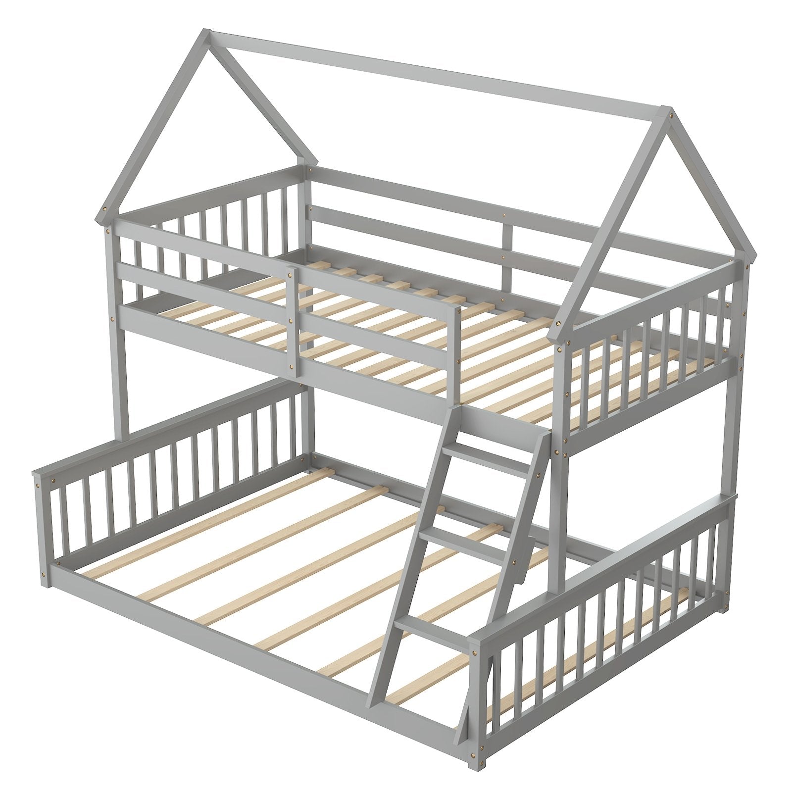 Twin Over Full House Bunk Bed with Ladder and Guardrails, Gray - Gallery Canada