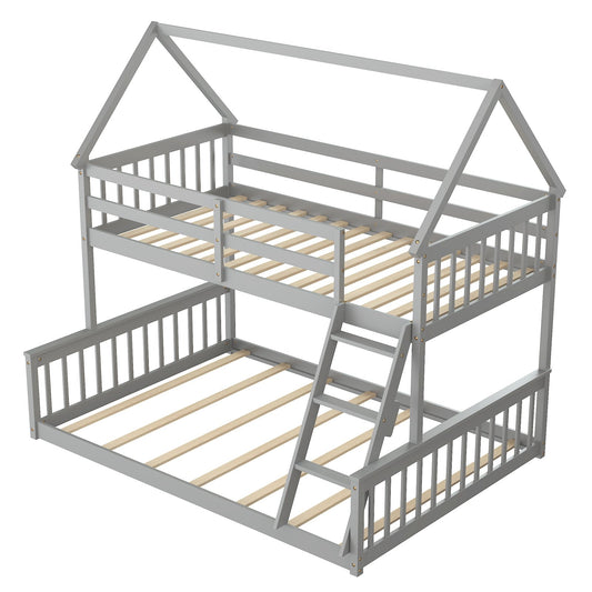 Twin Over Full House Bunk Bed with Ladder and Guardrails, Gray Bunk Bed Frame   at Gallery Canada