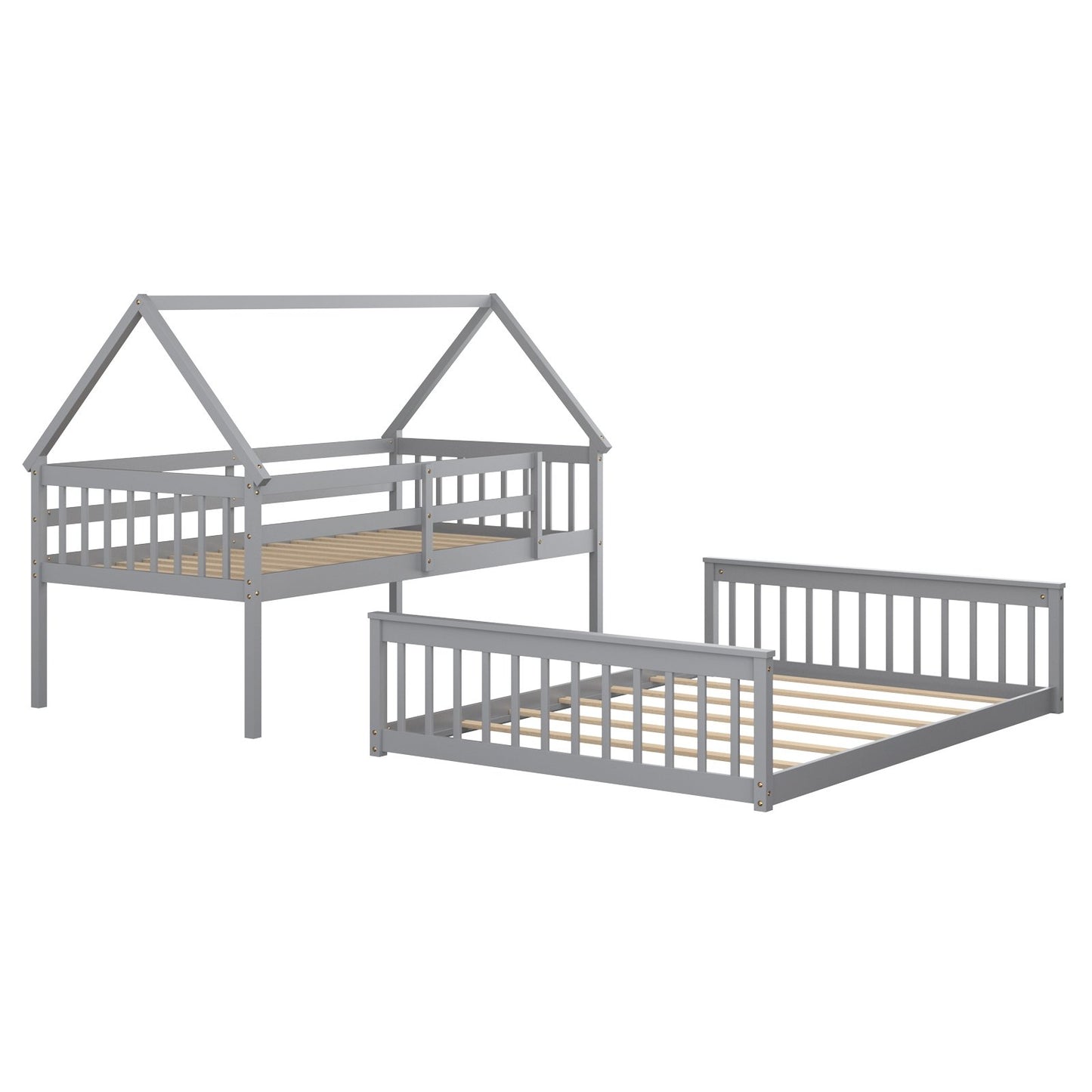 Twin Over Full House Bunk Bed with Ladder and Guardrails, Gray Bunk Bed Frame   at Gallery Canada