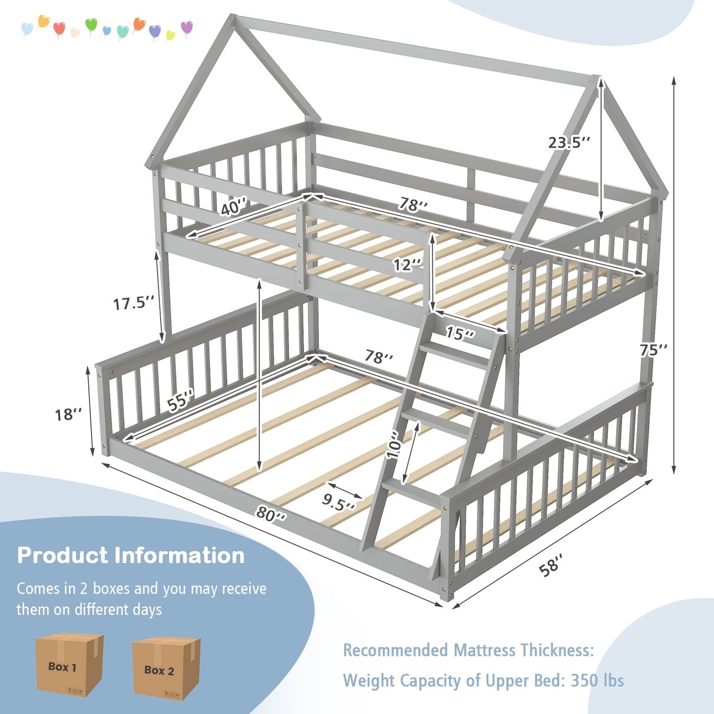 Twin Over Full House Bunk Bed with Ladder and Guardrails, Gray Bunk Bed Frame   at Gallery Canada