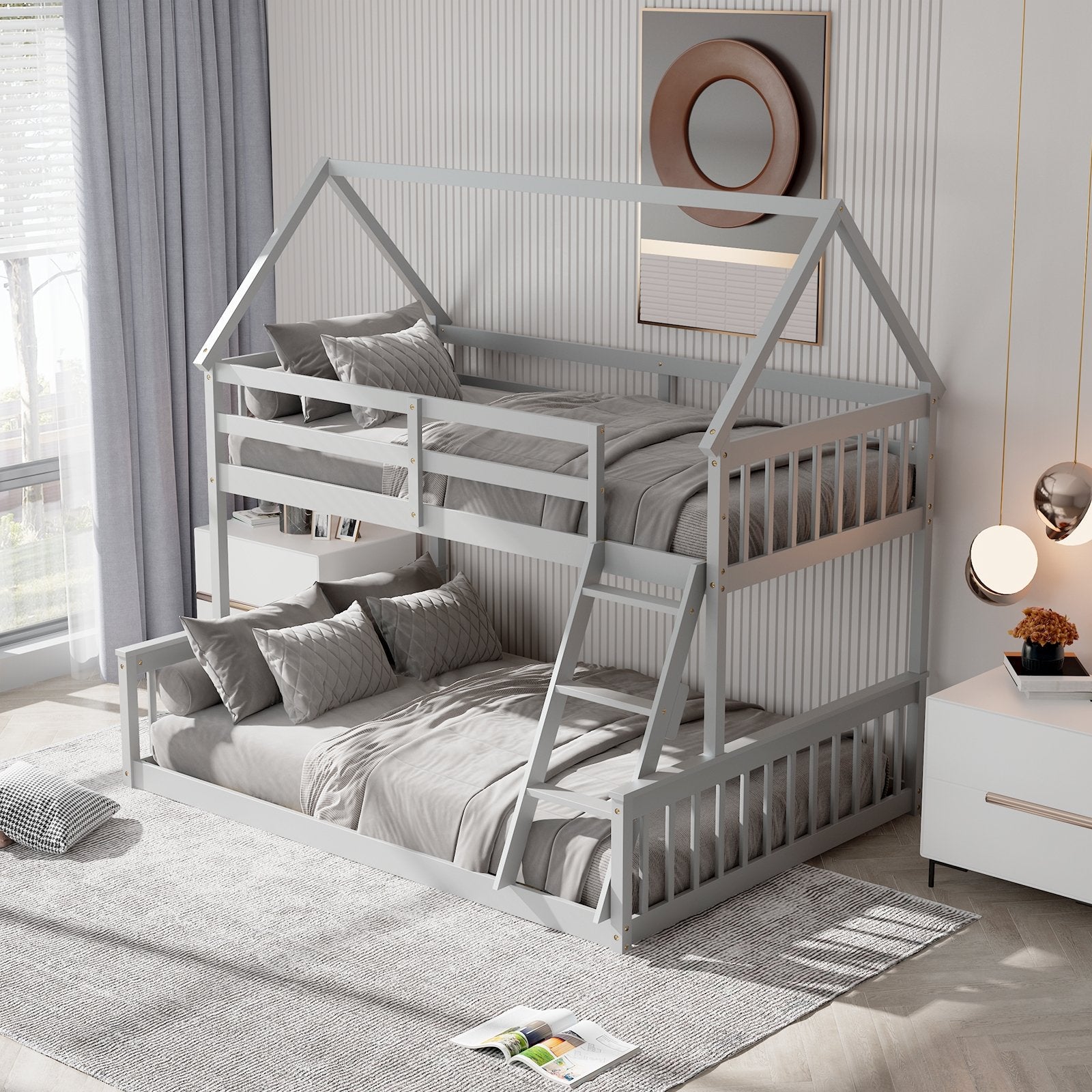 Twin Over Full House Bunk Bed with Ladder and Guardrails, Gray Bunk Bed Frame   at Gallery Canada