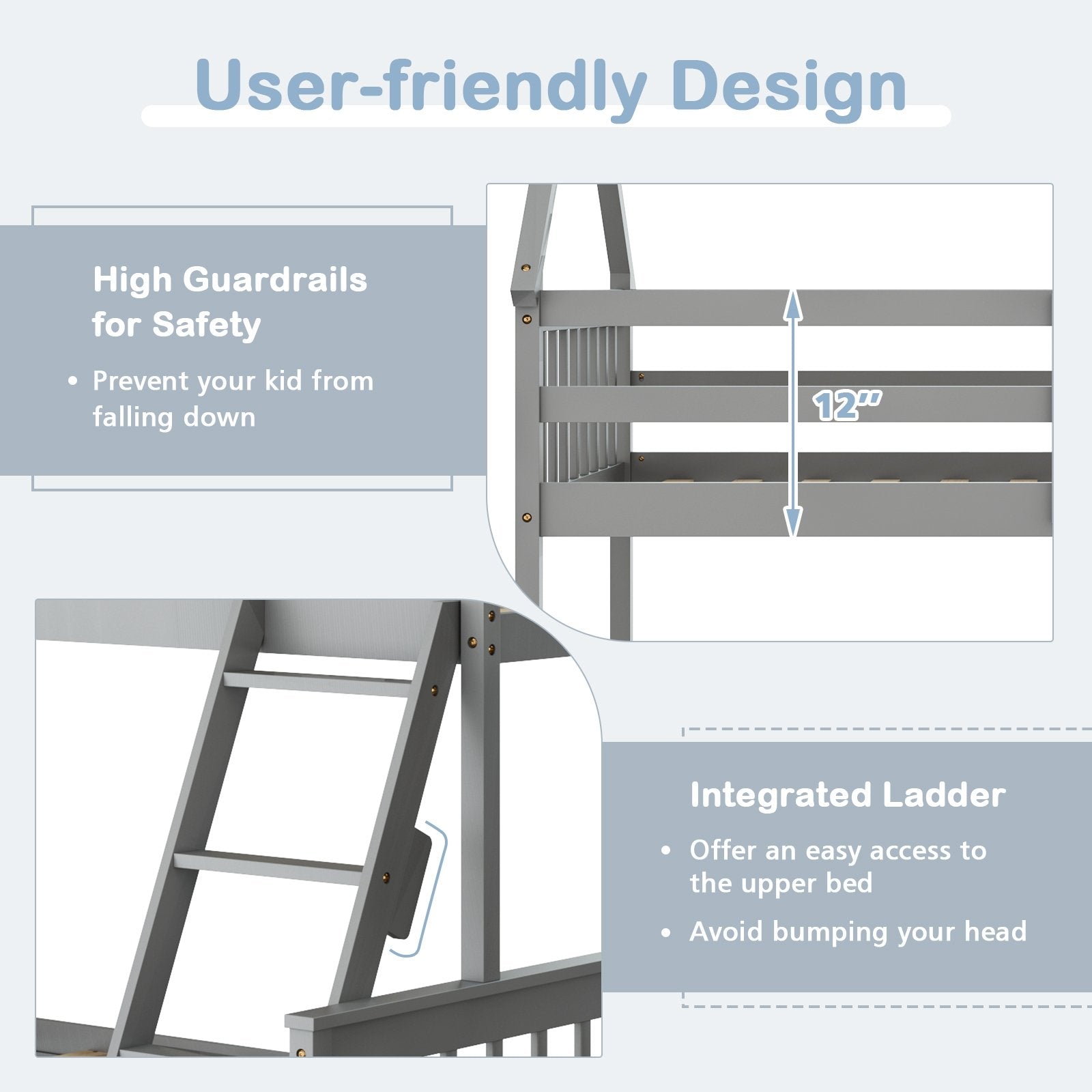 Twin Over Full House Bunk Bed with Ladder and Guardrails, Gray Bunk Bed Frame   at Gallery Canada