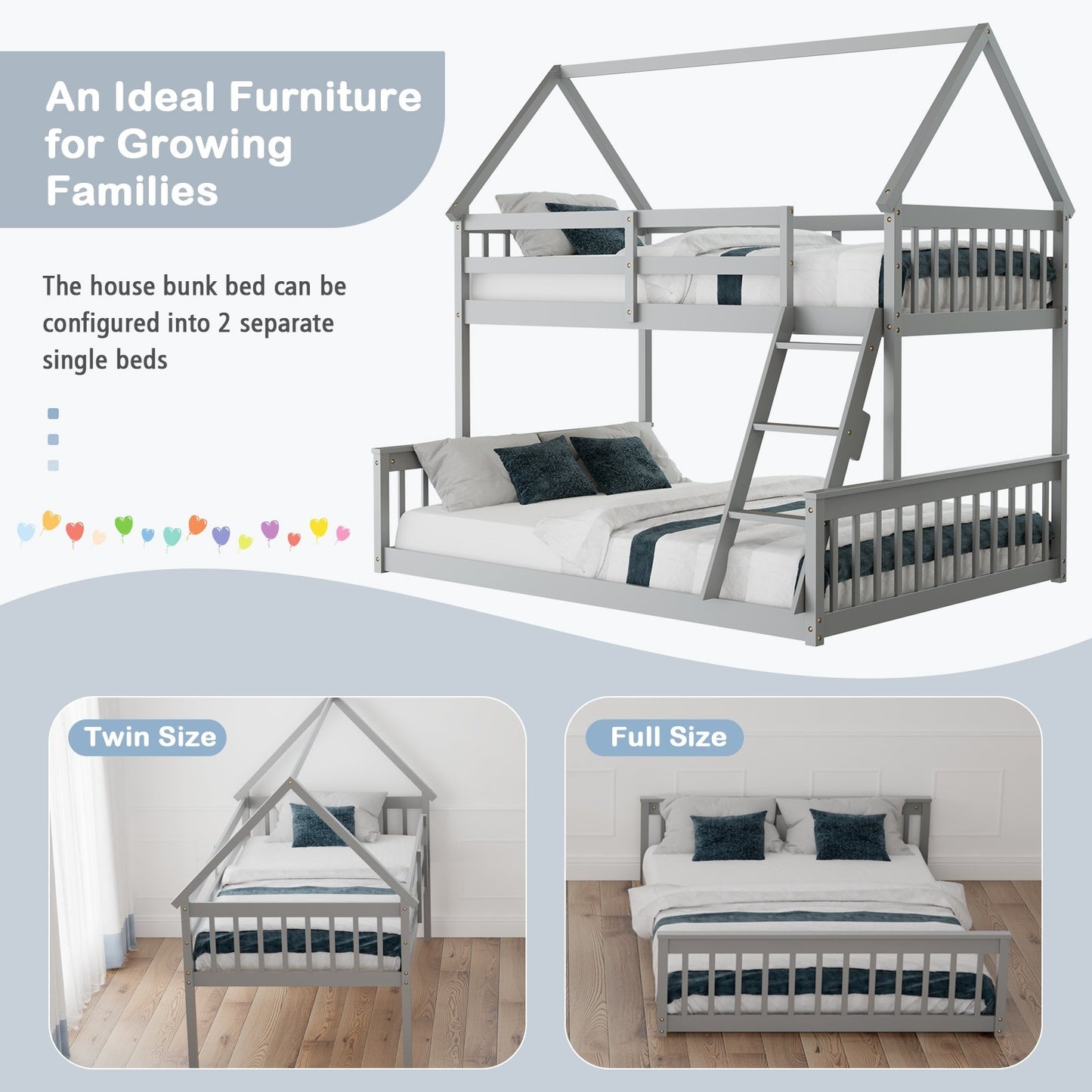 Twin Over Full House Bunk Bed with Ladder and Guardrails, Gray - Gallery Canada