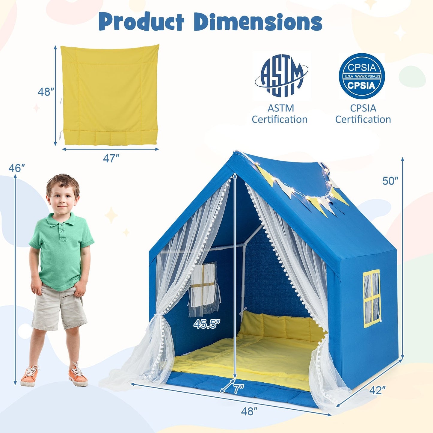 48 x 42 x 50 Inch Large Play Tent with Washable Cotton Mat Holiday Birthday Gift for Kids, Blue Play Tents & Playhouse   at Gallery Canada