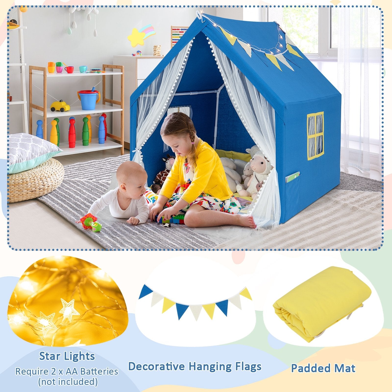 48 x 42 x 50 Inch Large Play Tent with Washable Cotton Mat Holiday Birthday Gift for Kids, Blue Play Tents & Playhouse   at Gallery Canada