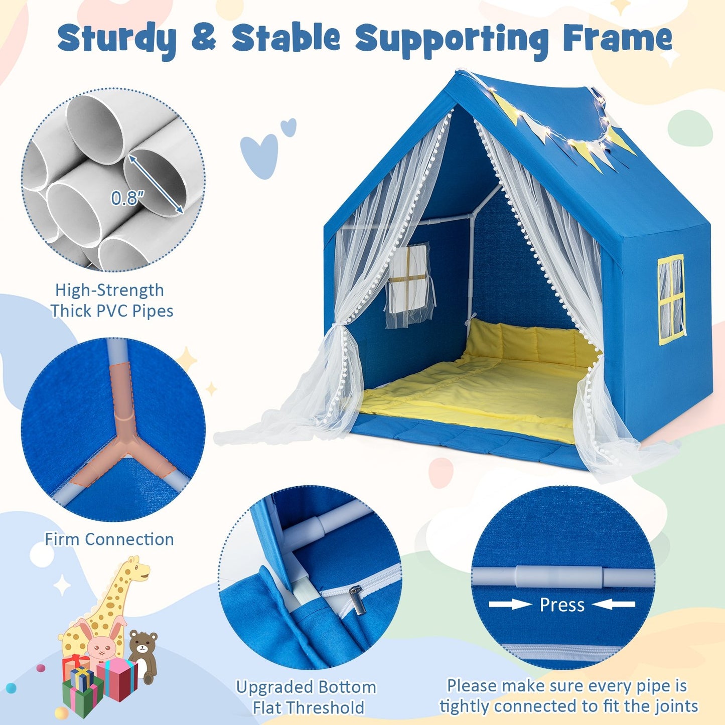 48 x 42 x 50 Inch Large Play Tent with Washable Cotton Mat Holiday Birthday Gift for Kids, Blue Play Tents & Playhouse   at Gallery Canada