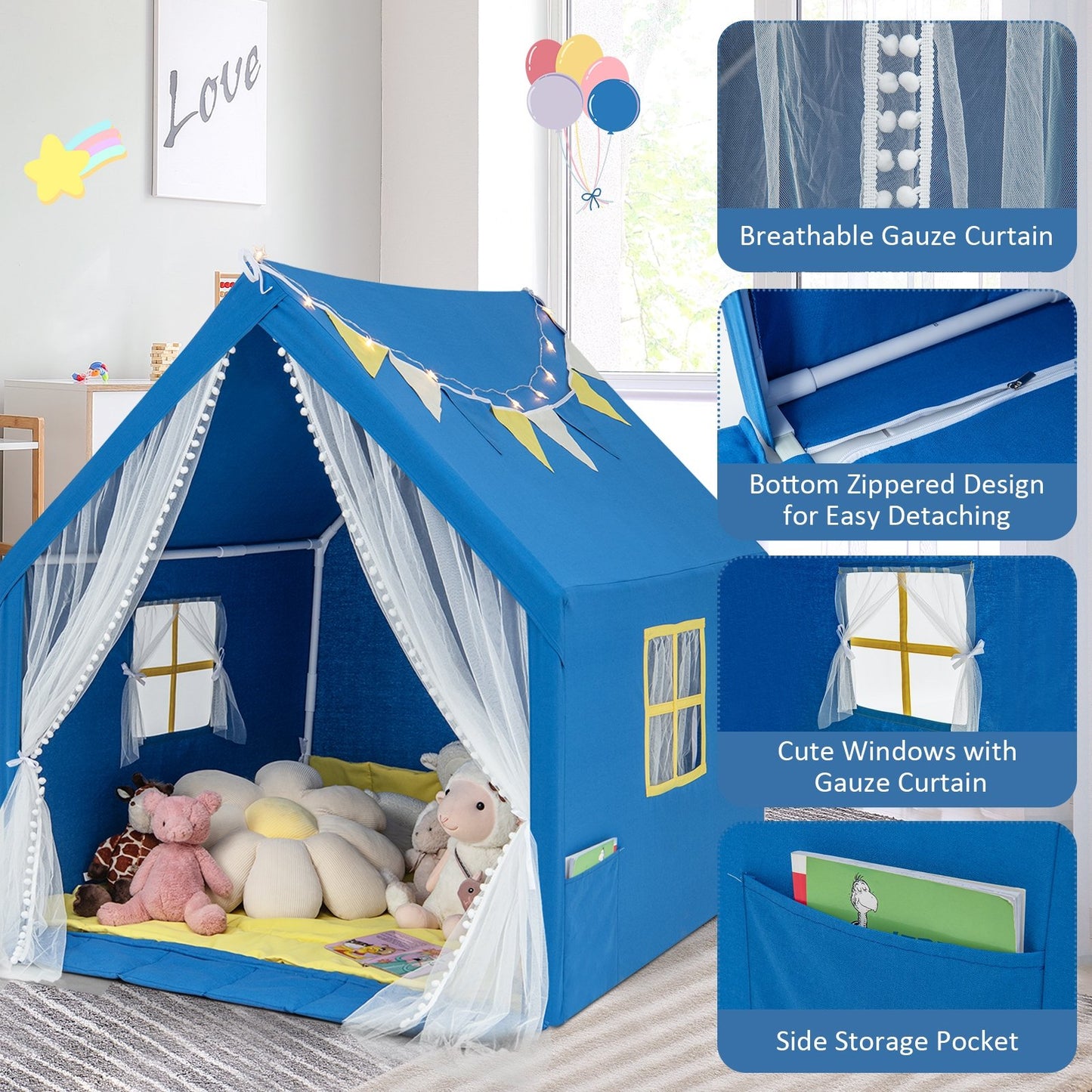 48 x 42 x 50 Inch Large Play Tent with Washable Cotton Mat Holiday Birthday Gift for Kids, Blue Play Tents & Playhouse   at Gallery Canada