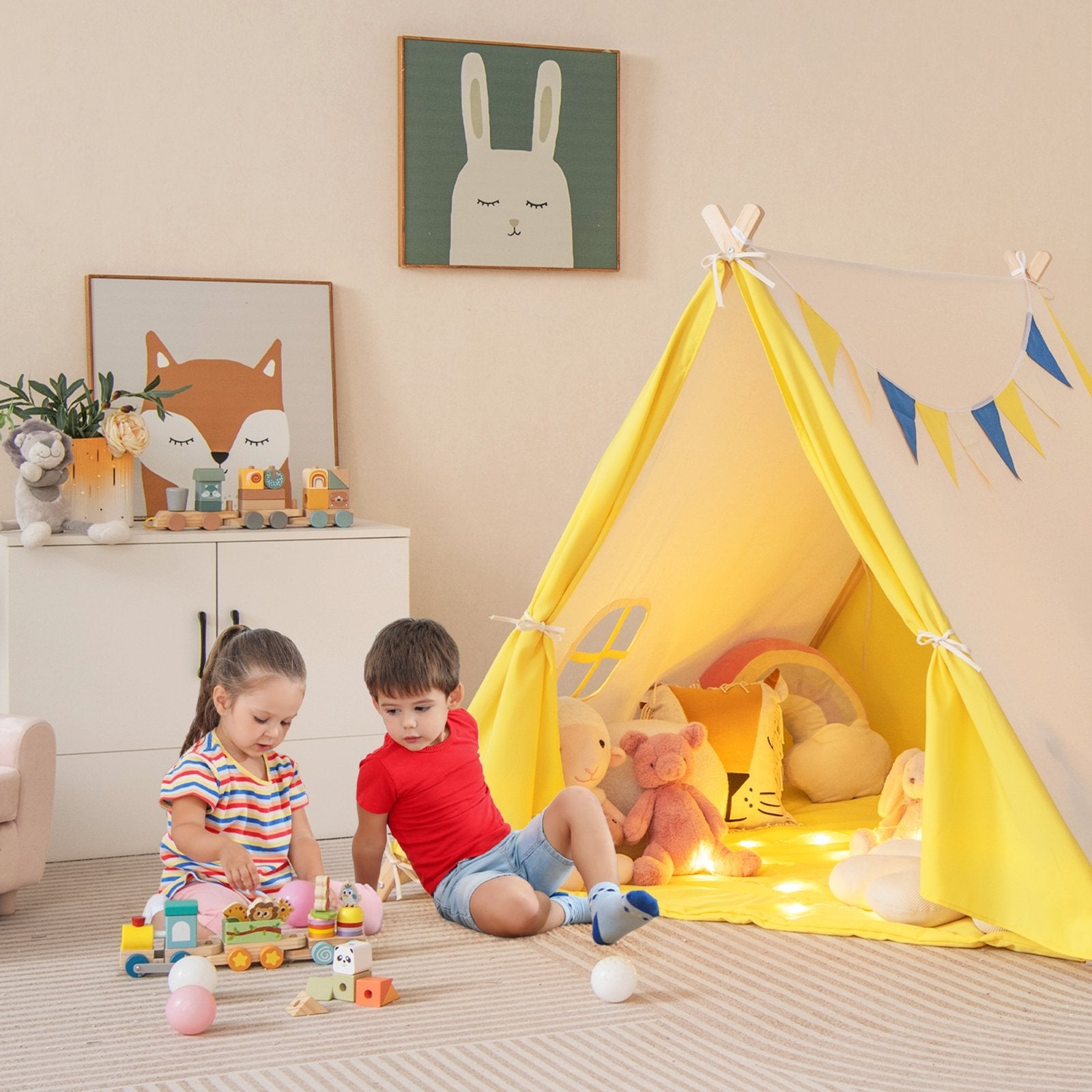 Kids Play Tent with Solid Wood Frame Holiday Birthday Gift & Toy for Boys & Girls, Yellow Play Tents & Playhouse   at Gallery Canada