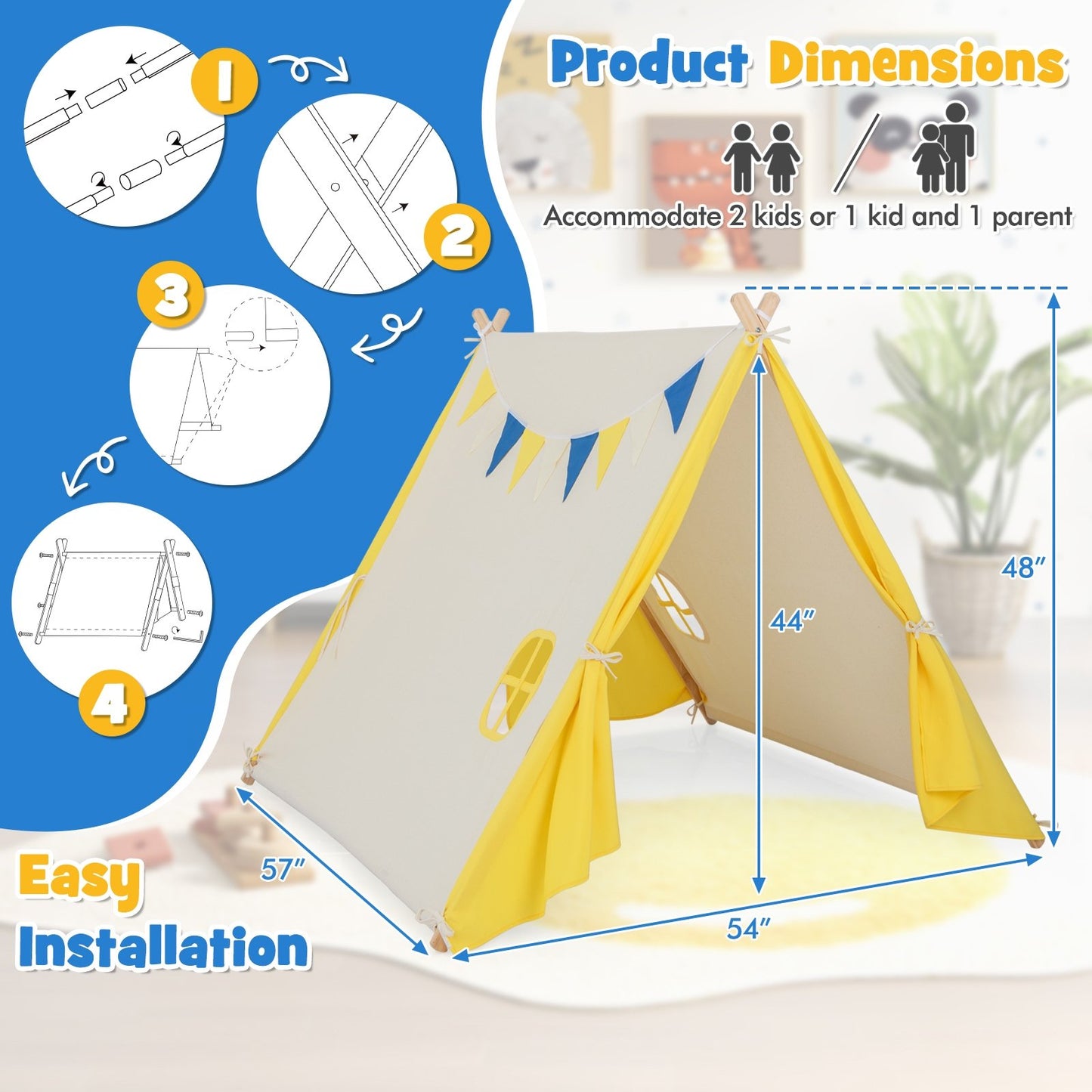 Kids Play Tent with Solid Wood Frame Holiday Birthday Gift & Toy for Boys & Girls, Yellow Play Tents & Playhouse   at Gallery Canada