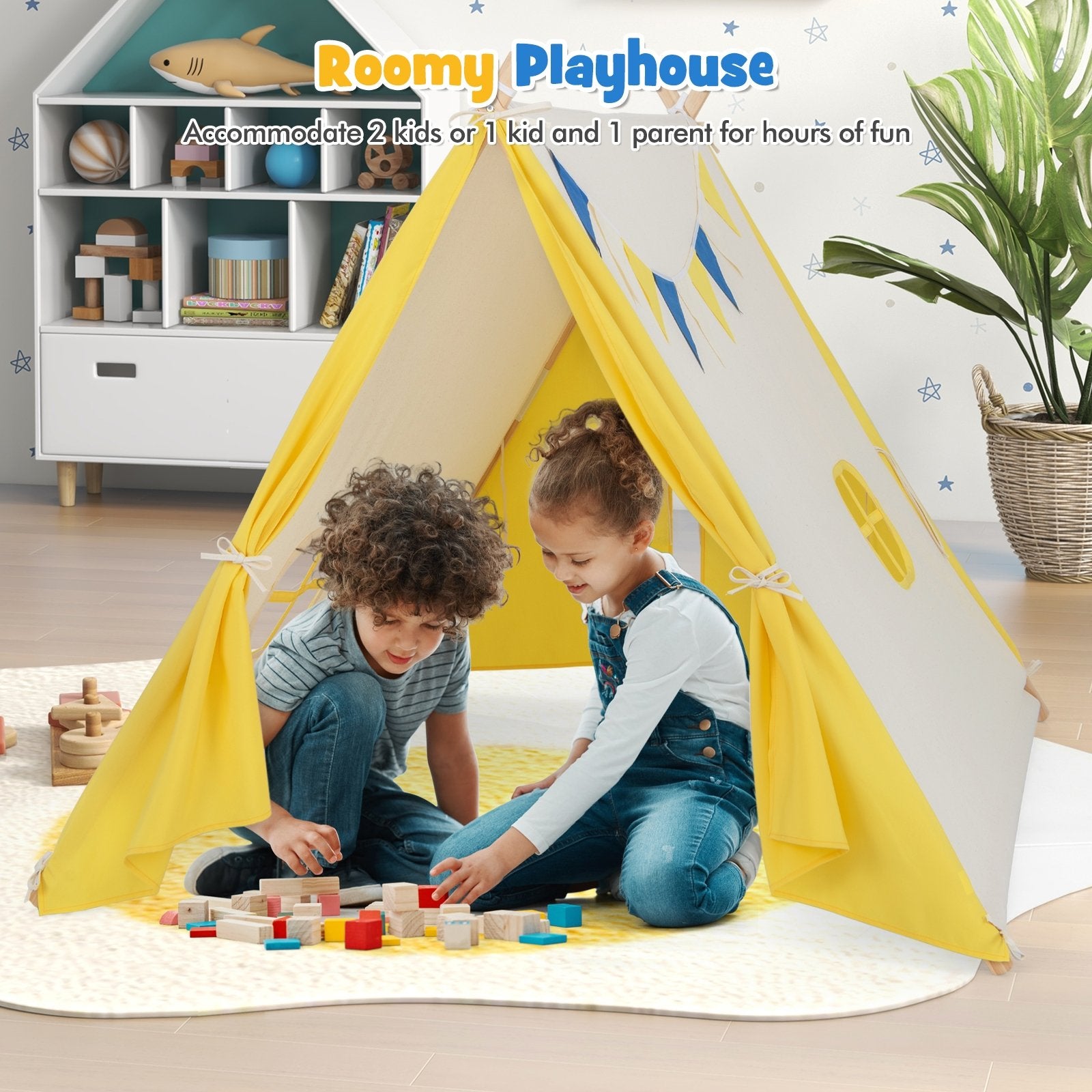 Kids Play Tent with Solid Wood Frame Holiday Birthday Gift & Toy for Boys & Girls, Yellow Play Tents & Playhouse   at Gallery Canada