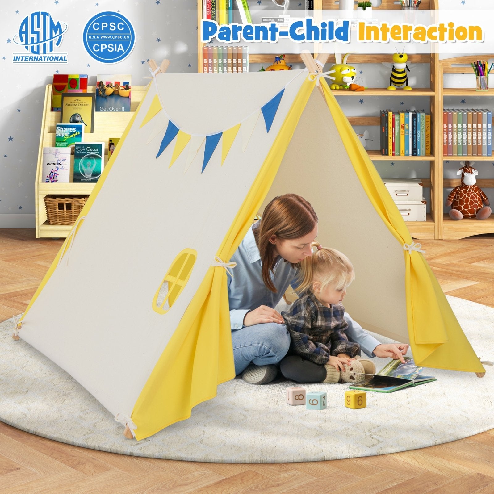 Kids Play Tent with Solid Wood Frame Holiday Birthday Gift & Toy for Boys & Girls, Yellow Play Tents & Playhouse   at Gallery Canada