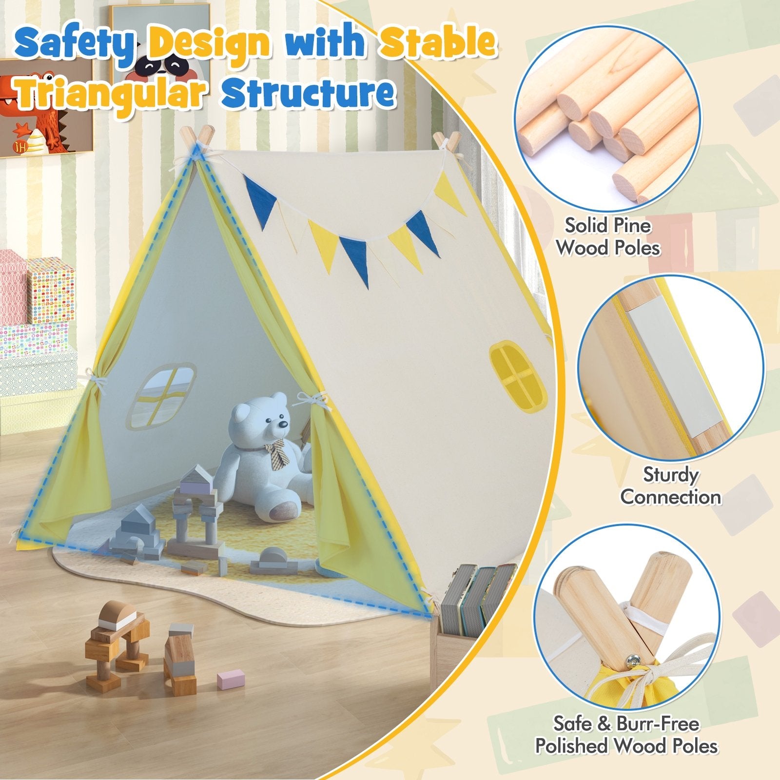 Kids Play Tent with Solid Wood Frame Holiday Birthday Gift & Toy for Boys & Girls, Yellow Play Tents & Playhouse   at Gallery Canada