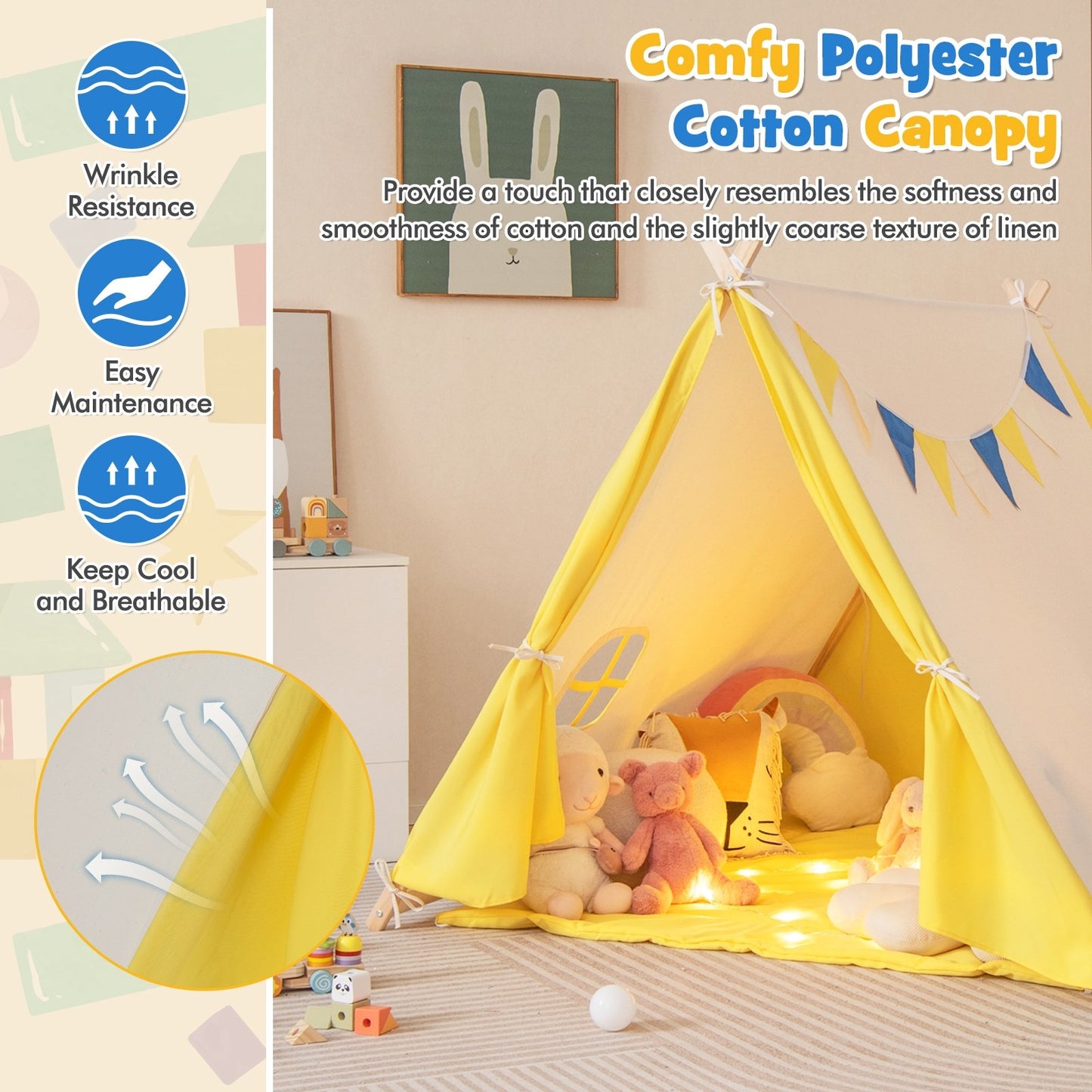 Kids Play Tent with Solid Wood Frame Holiday Birthday Gift & Toy for Boys & Girls, Yellow Play Tents & Playhouse   at Gallery Canada